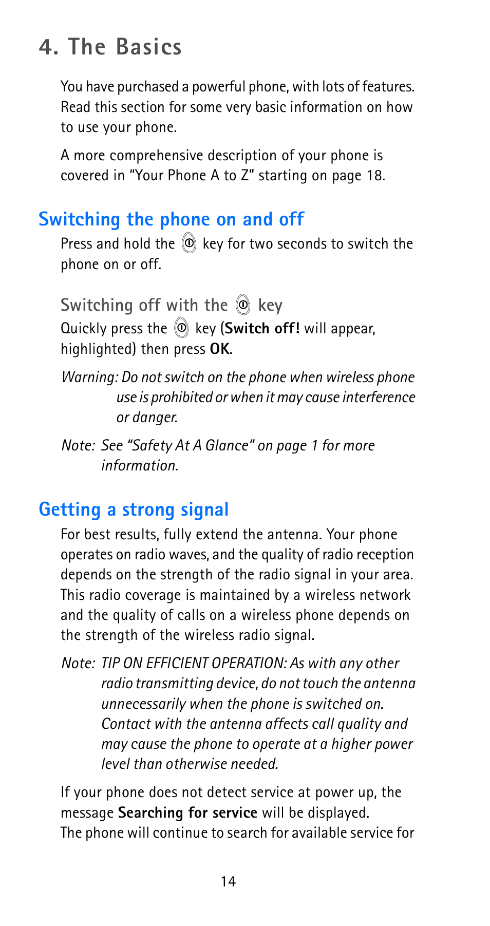 The basics, Switching the phone on and off, Getting a strong signal | Nokia 6185i User Manual | Page 21 / 129