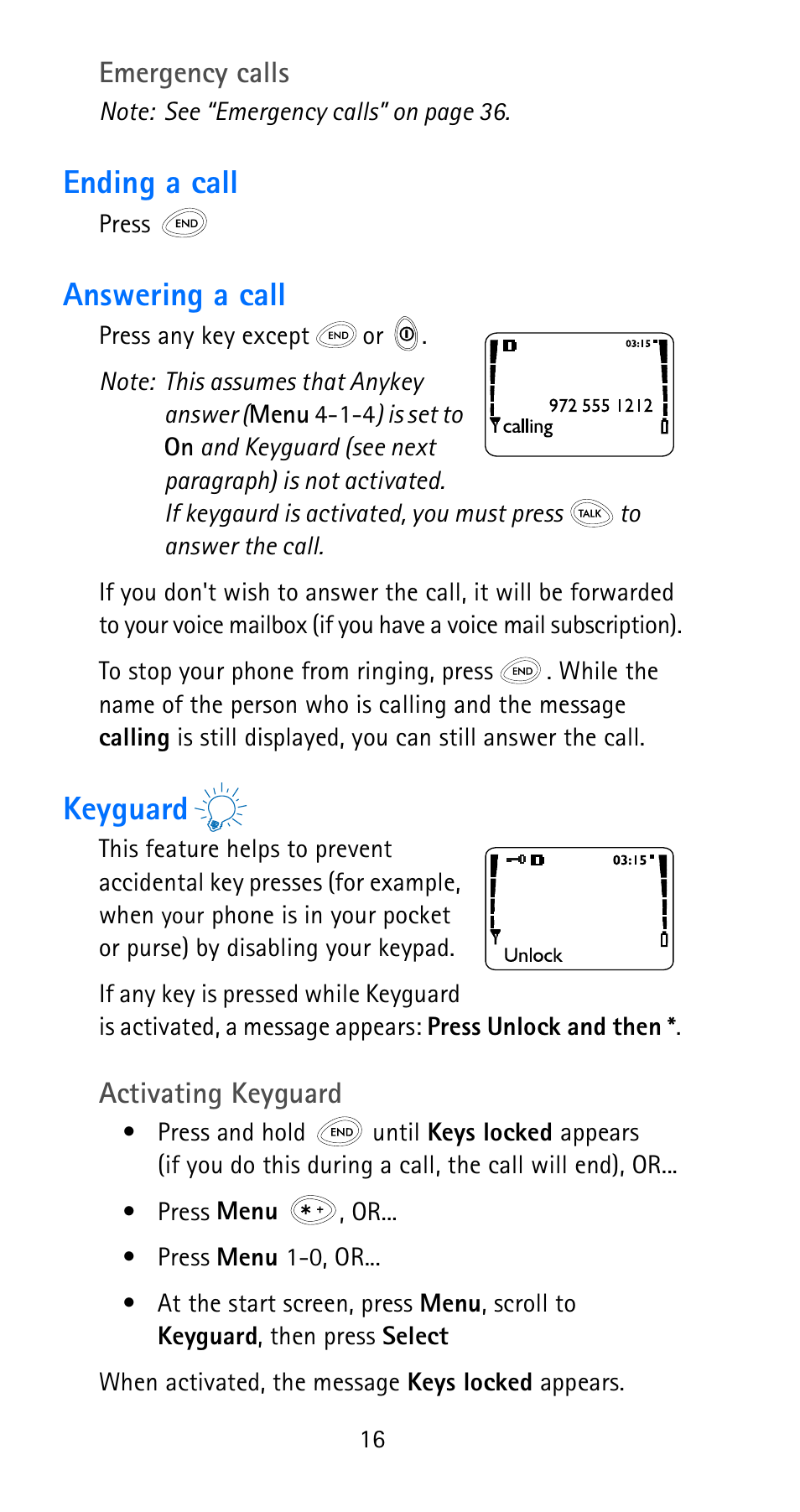 Ending a call, Answering a call, Keyguard | Ending a call answering a call keyguard | Nokia 6185i User Manual | Page 23 / 129