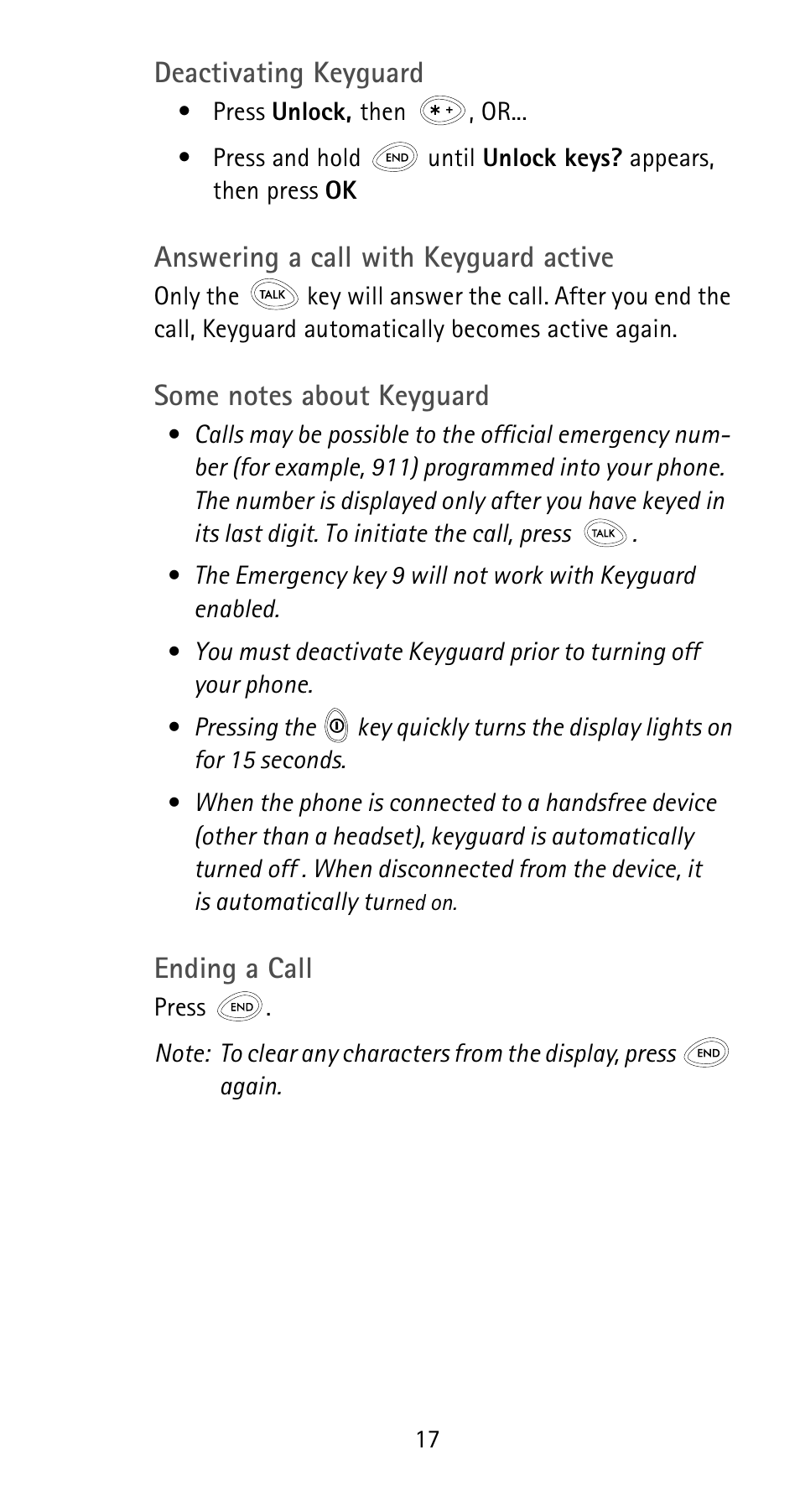 Deactivating keyguard, Answering a call with keyguard active, Ending a call | Nokia 6185i User Manual | Page 24 / 129