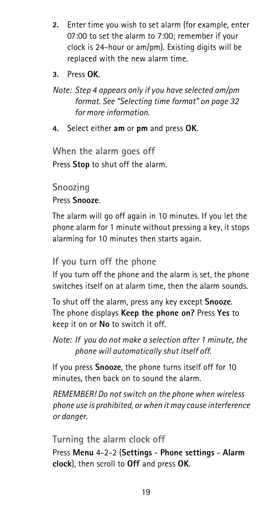 When the alarm goes off, Snoozing, If you turn off the phone | Turning the alarm clock off | Nokia 6185i User Manual | Page 26 / 129
