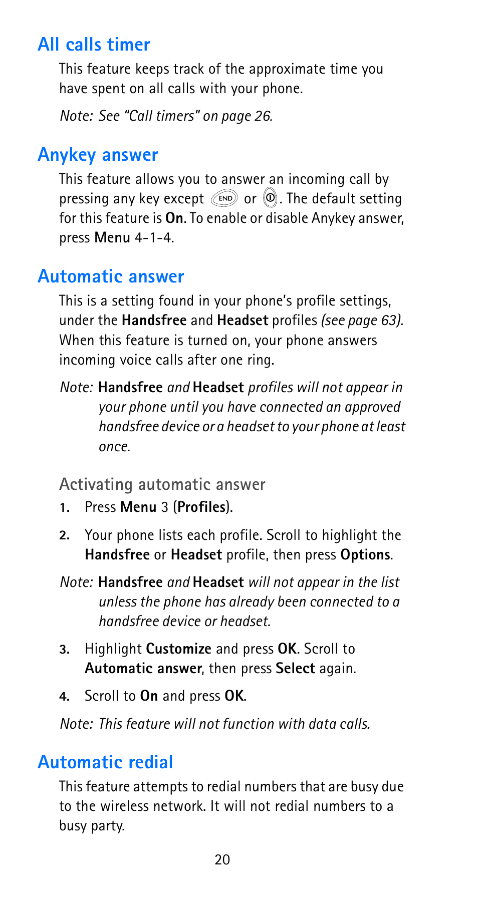 All calls timer, Anykey answer, Automatic answer | Automatic redial, Activating automatic answer | Nokia 6185i User Manual | Page 27 / 129