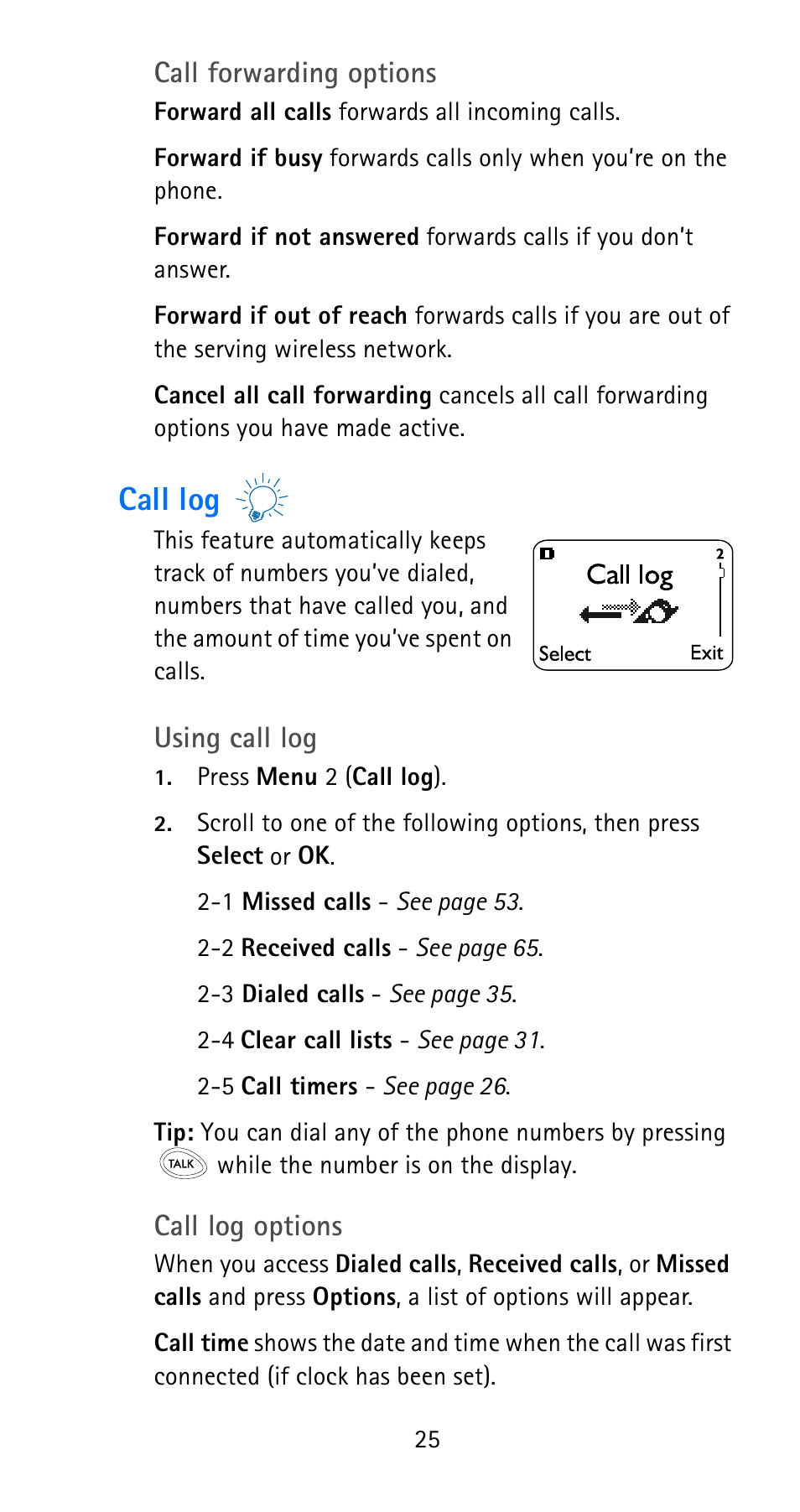 Call log, Call forwarding options, Using call log | Call log options | Nokia 6185i User Manual | Page 32 / 129
