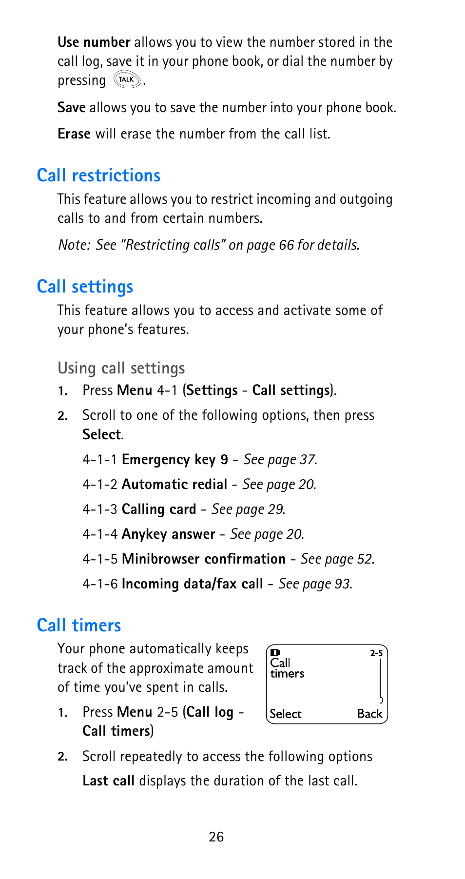 Call restrictions, Call settings, Call timers | Call restrictions call settings, Microphone, Using call settings | Nokia 6185i User Manual | Page 33 / 129