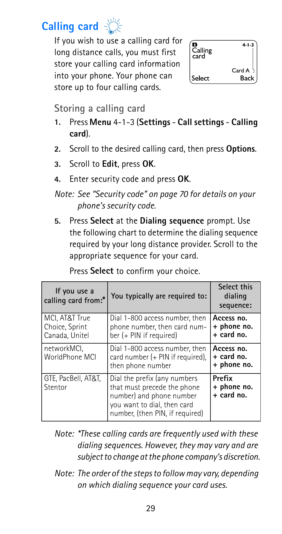 Calling card, Storing a calling card | Nokia 6185i User Manual | Page 36 / 129