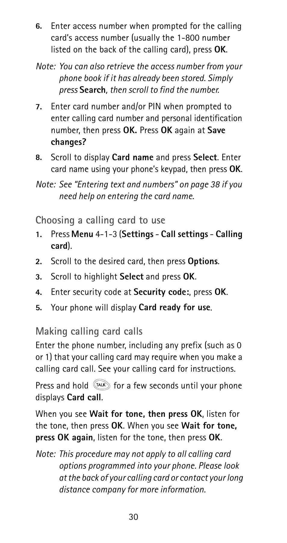 Choosing a calling card to use, Making calling card calls | Nokia 6185i User Manual | Page 37 / 129