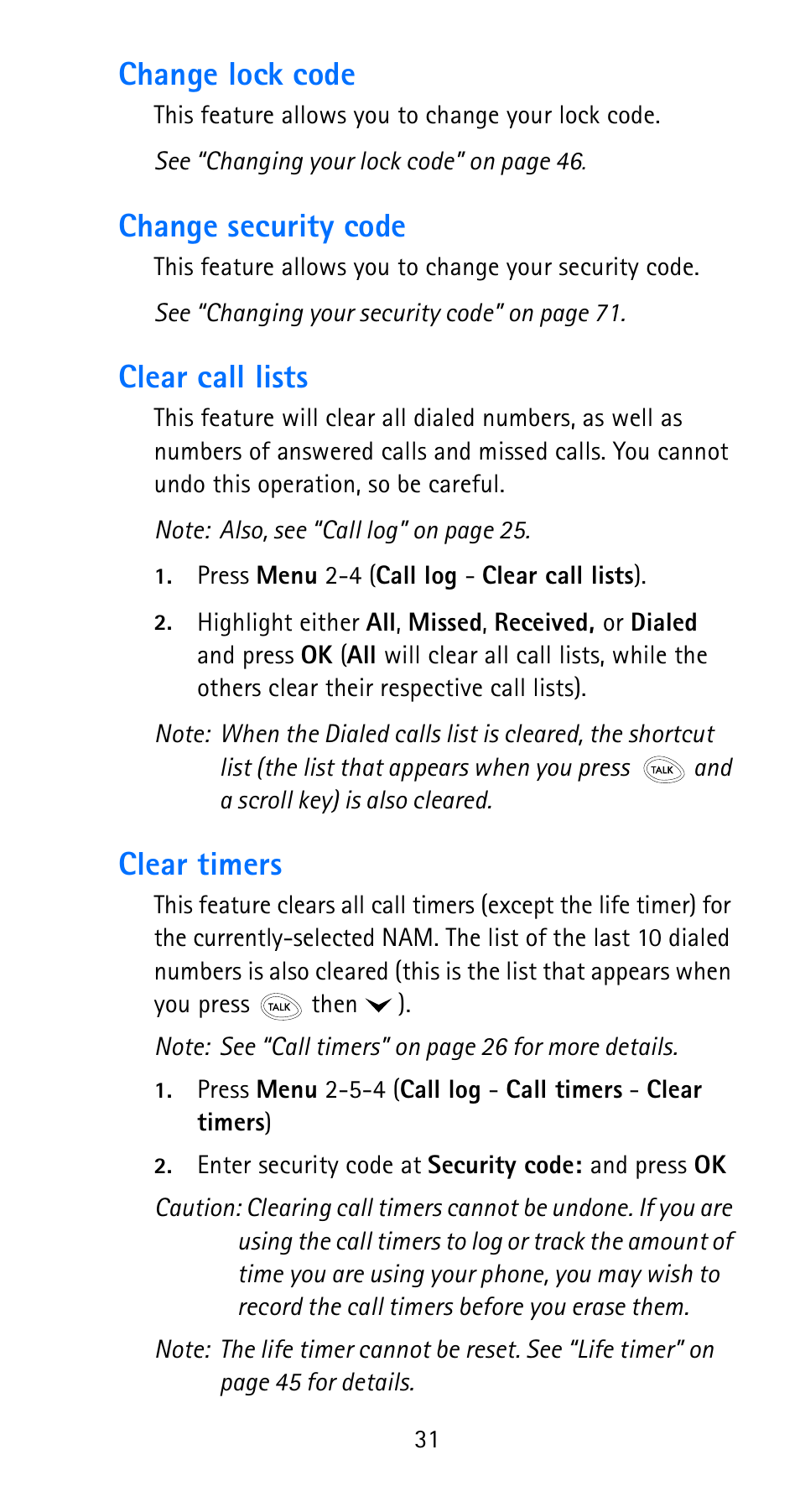 Change lock code, Change security code, Clear call lists | Clear timers | Nokia 6185i User Manual | Page 38 / 129
