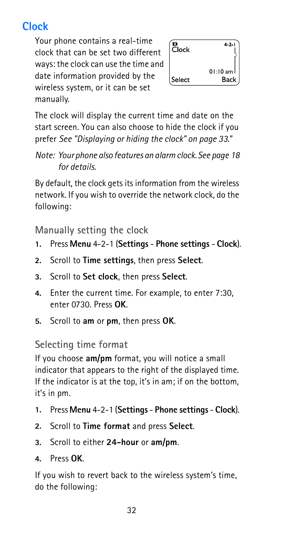 Clock, Manually setting the clock, Selecting time format | Nokia 6185i User Manual | Page 39 / 129