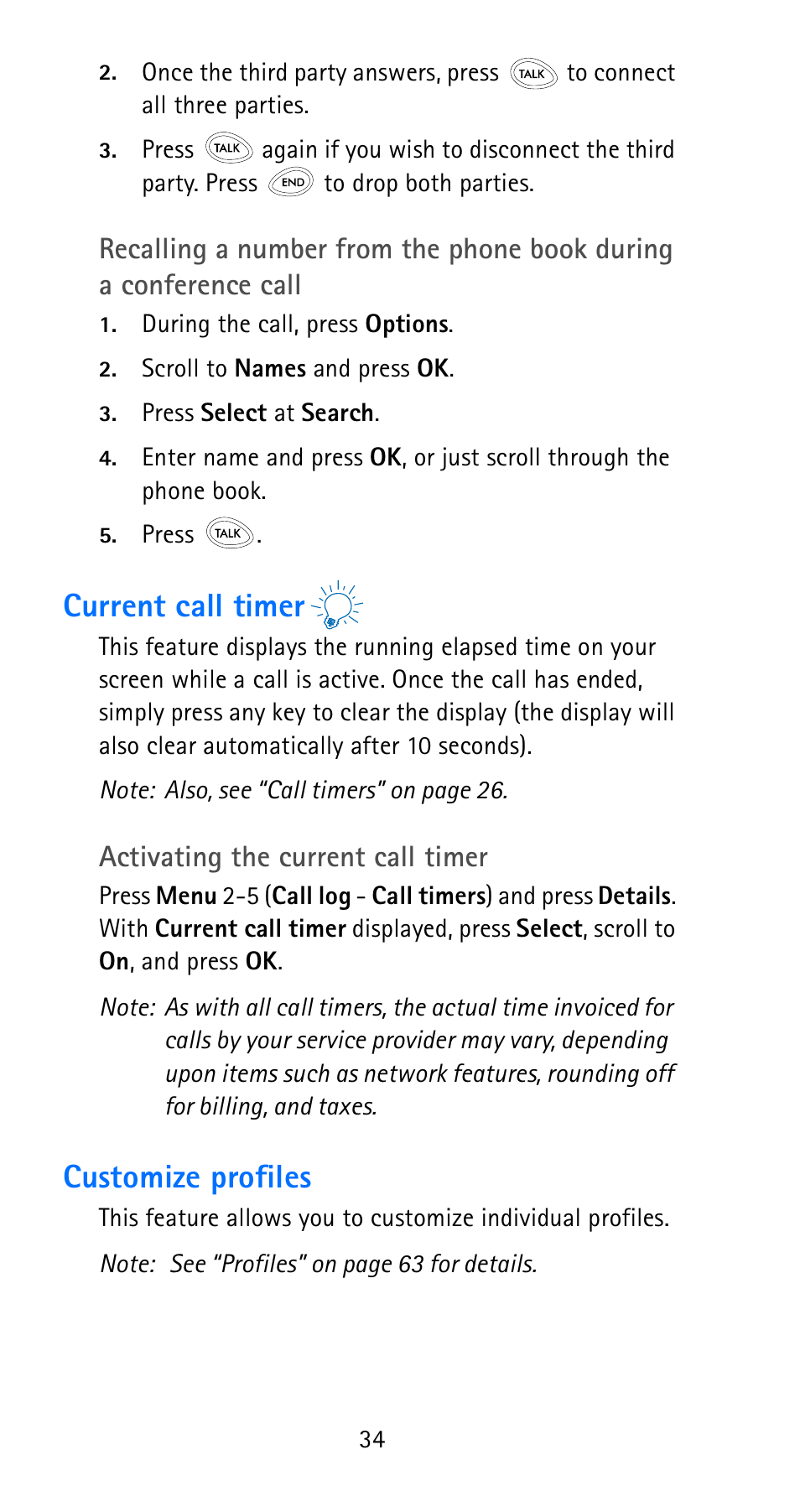 Current call timer, Customize profiles, Current call timer customize profiles | Activating the current call timer | Nokia 6185i User Manual | Page 41 / 129