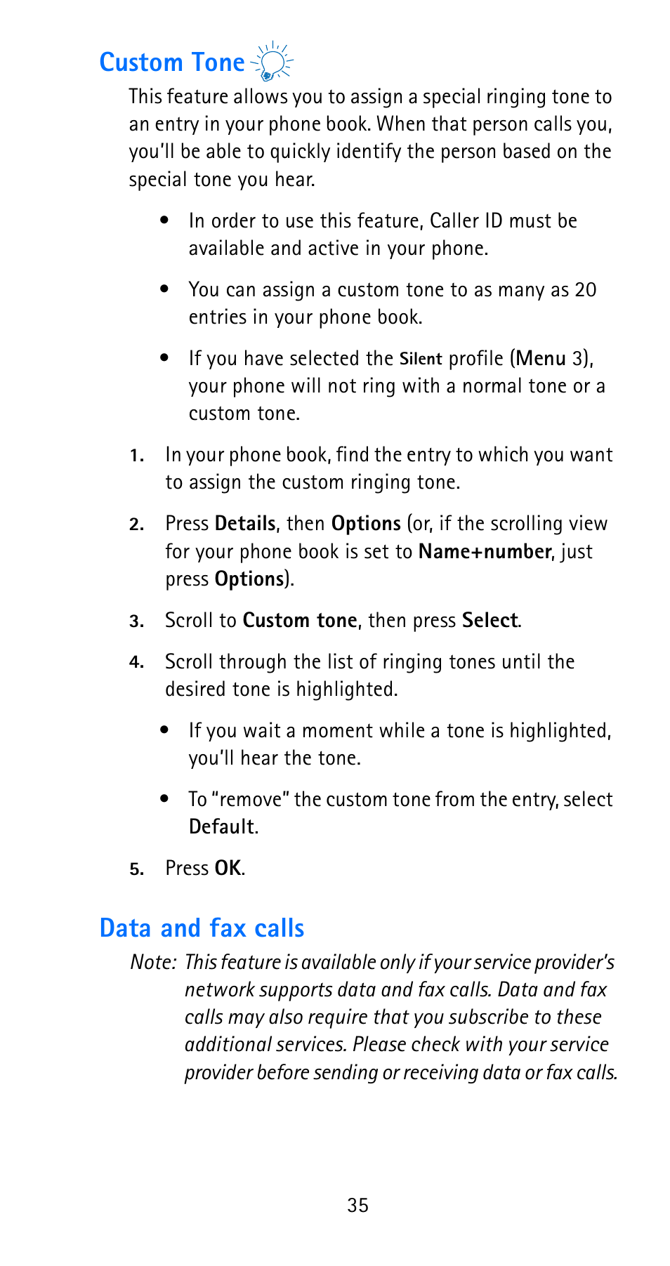 Custom tone, Data and fax calls, Custom tone data and fax calls | Nokia 6185i User Manual | Page 42 / 129