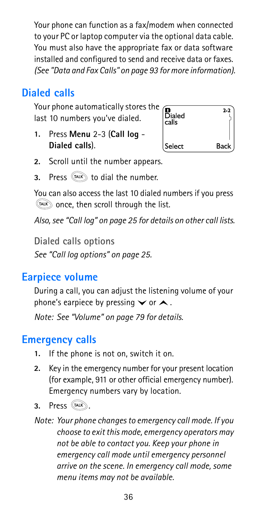 Dialed calls, Earpiece volume, Emergency calls | Dialed calls earpiece volume emergency calls, Dialed calls options | Nokia 6185i User Manual | Page 43 / 129