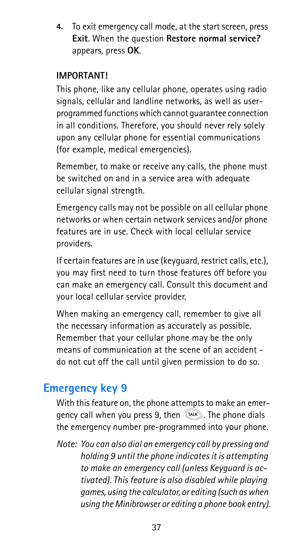 Emergency key 9 | Nokia 6185i User Manual | Page 44 / 129