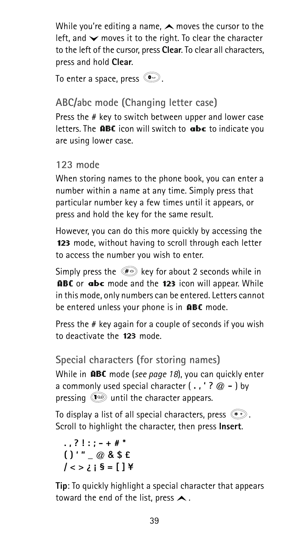 Abc/abc mode (changing letter case), 123 mode, Special characters (for storing names) | Nokia 6185i User Manual | Page 46 / 129