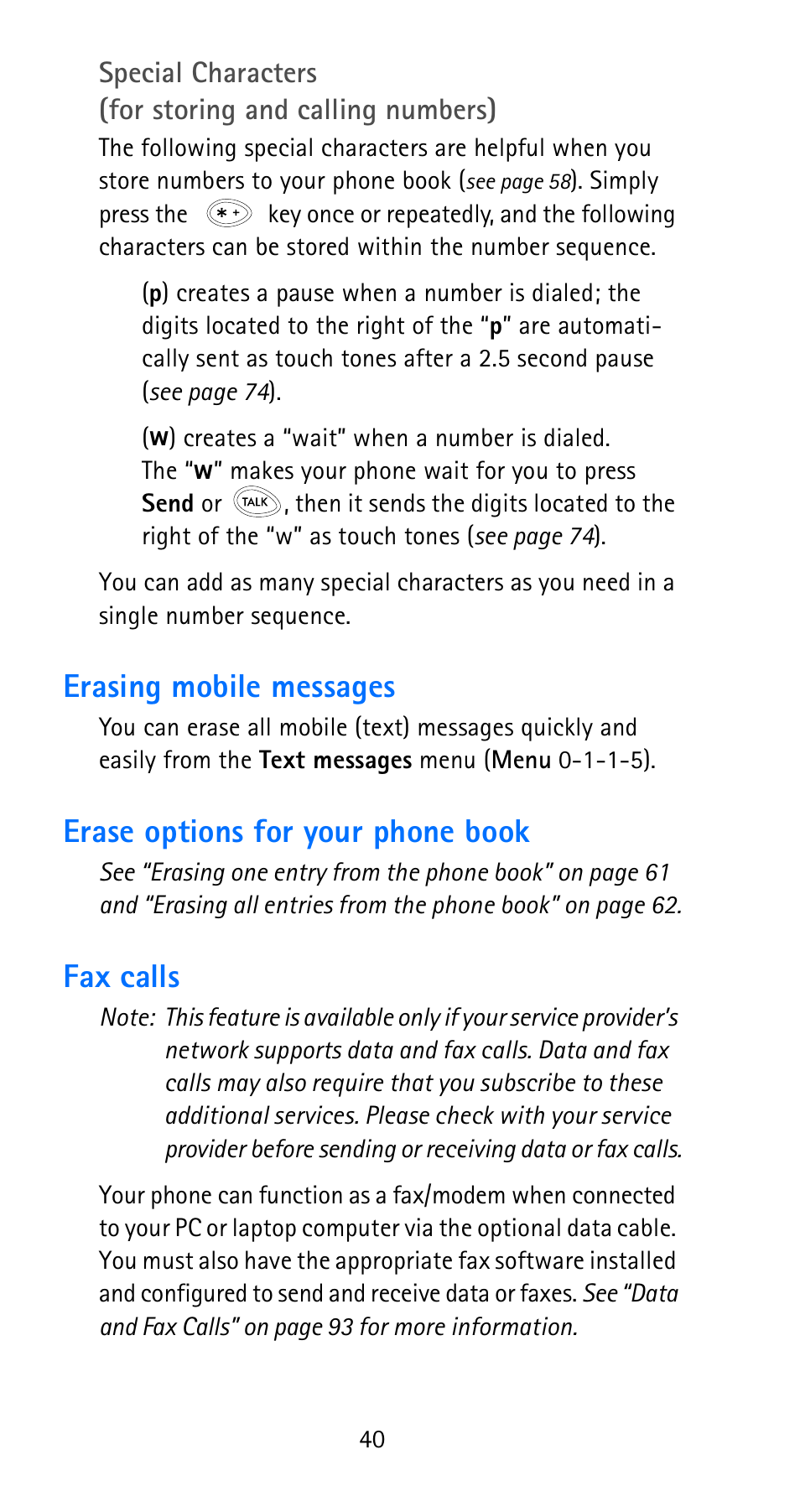 Erasing mobile messages, Erase options for your phone book, Fax calls | Nokia 6185i User Manual | Page 47 / 129