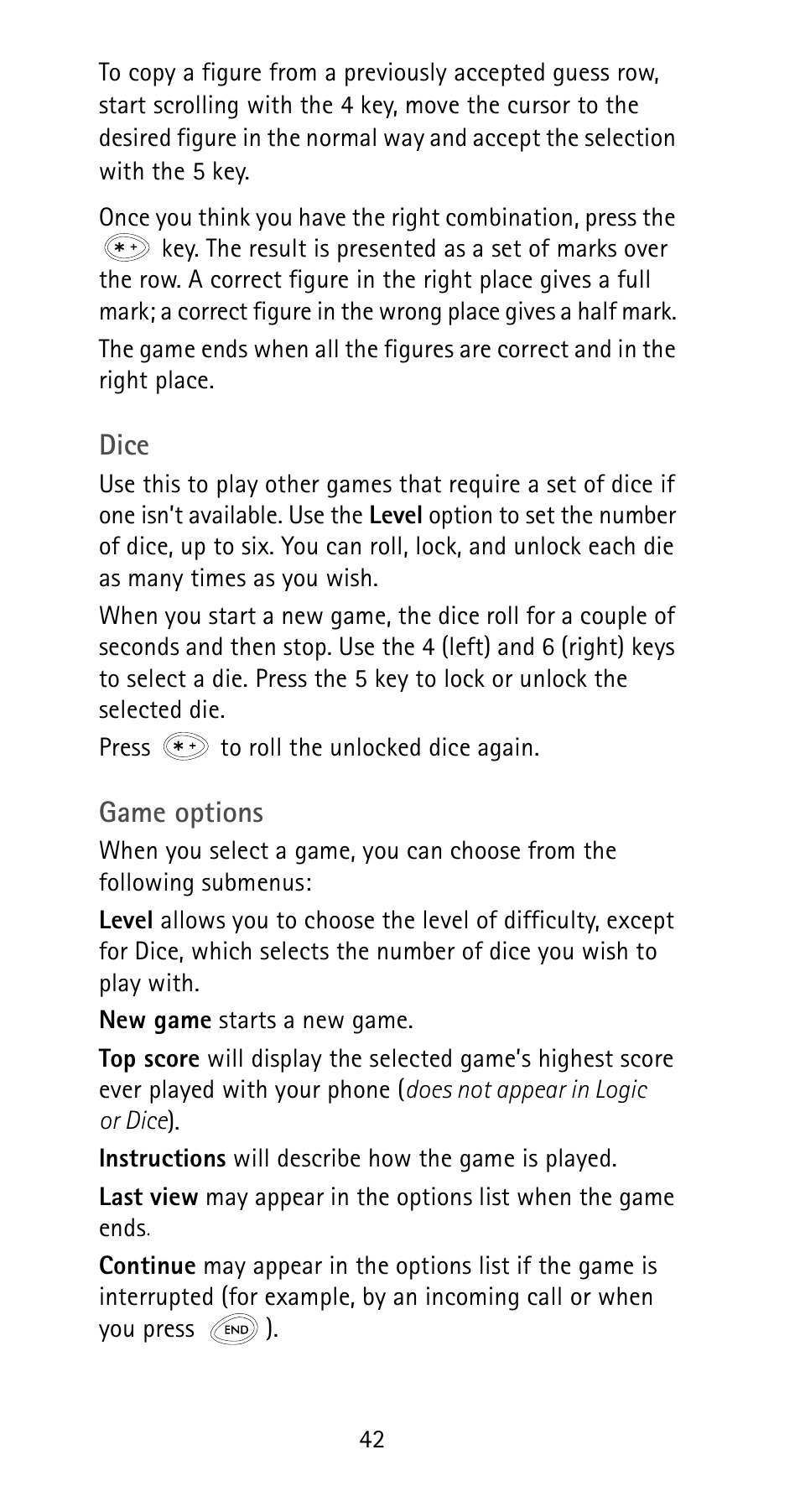 Dice, Game options | Nokia 6185i User Manual | Page 49 / 129