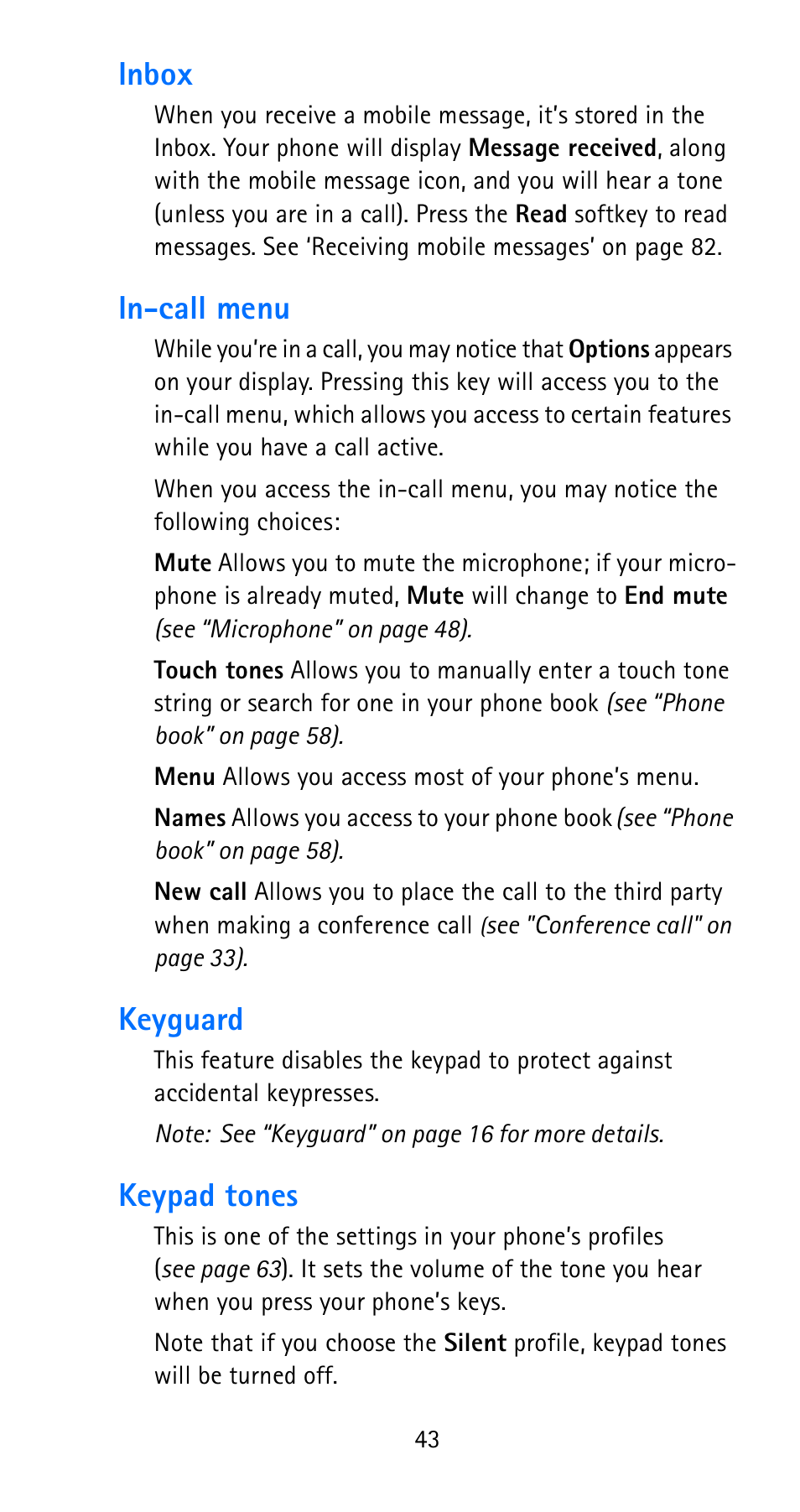 Inbox, In-call menu, Keyguard | Keypad tones, Inbox in-call menu keyguard keypad tones | Nokia 6185i User Manual | Page 50 / 129