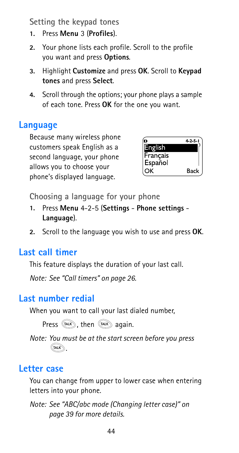 Language, Last call timer, Last number redial | Letter case, Setting the keypad tones, Choosing a language for your phone | Nokia 6185i User Manual | Page 51 / 129