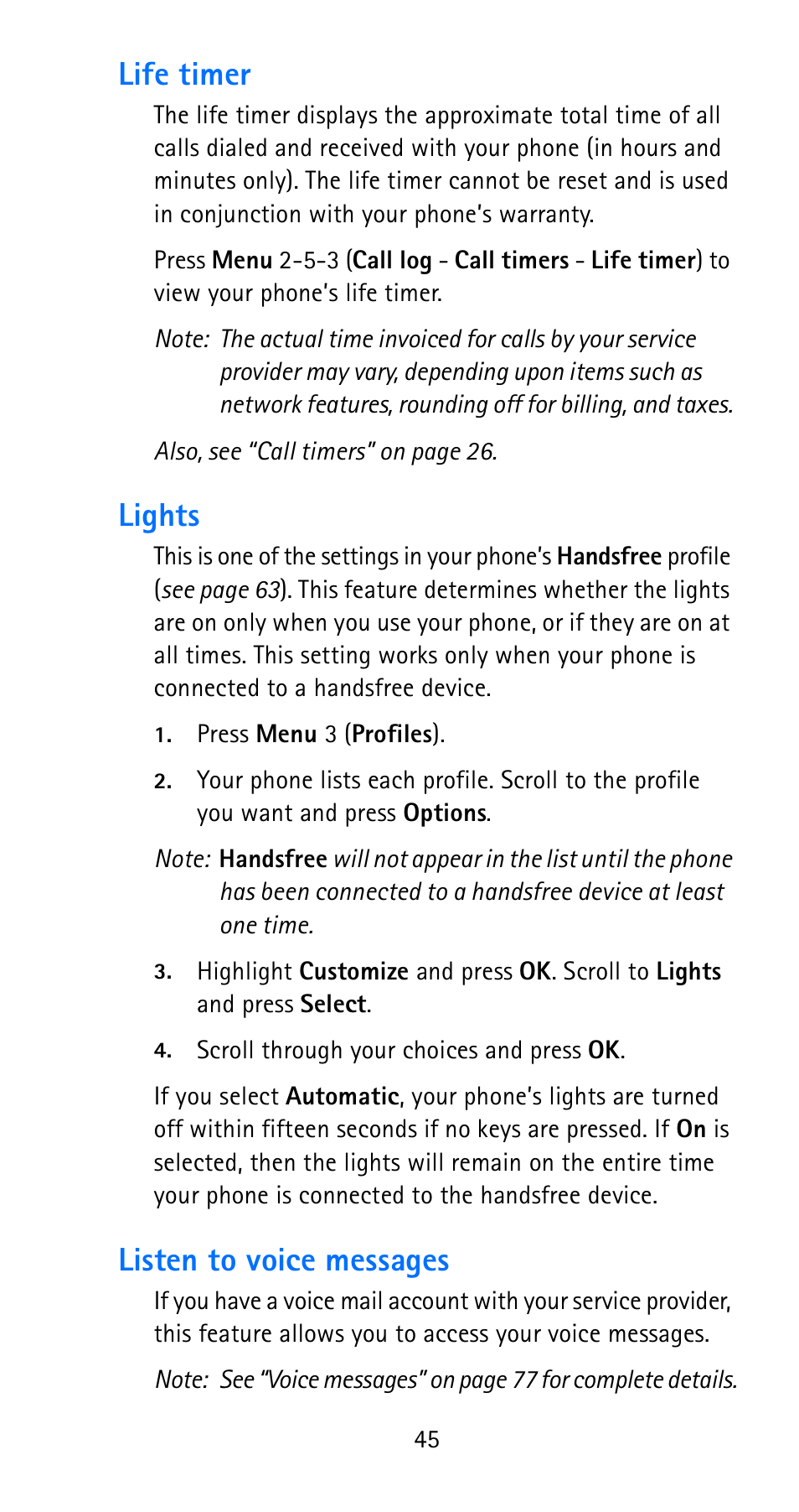 Life timer, Lights, Listen to voice messages | Life timer lights listen to voice messages, Life timer” on | Nokia 6185i User Manual | Page 52 / 129