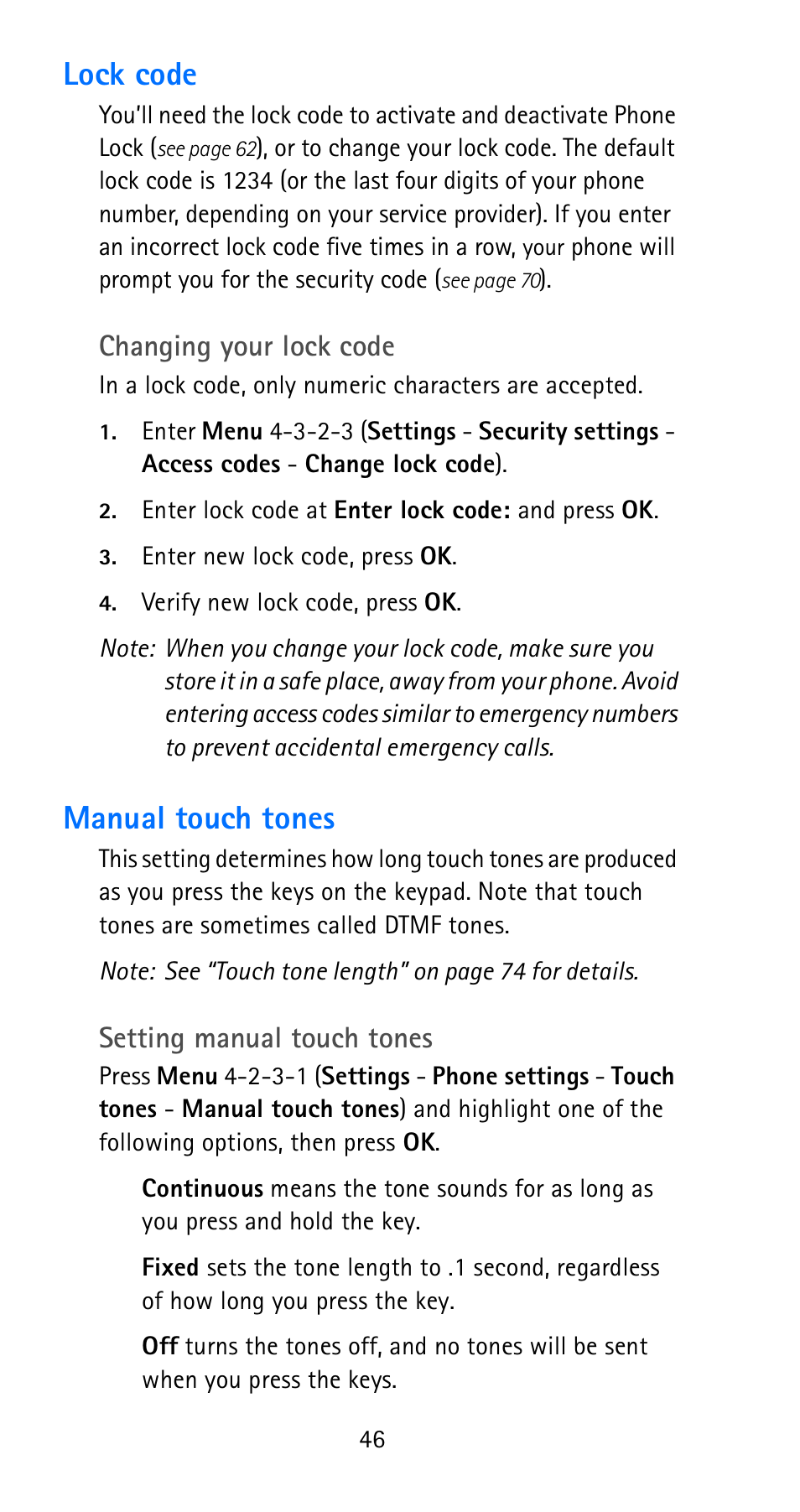 Lock code, Manual touch tones, Lock code manual touch tones | Changing your lock code, Setting manual touch tones | Nokia 6185i User Manual | Page 53 / 129