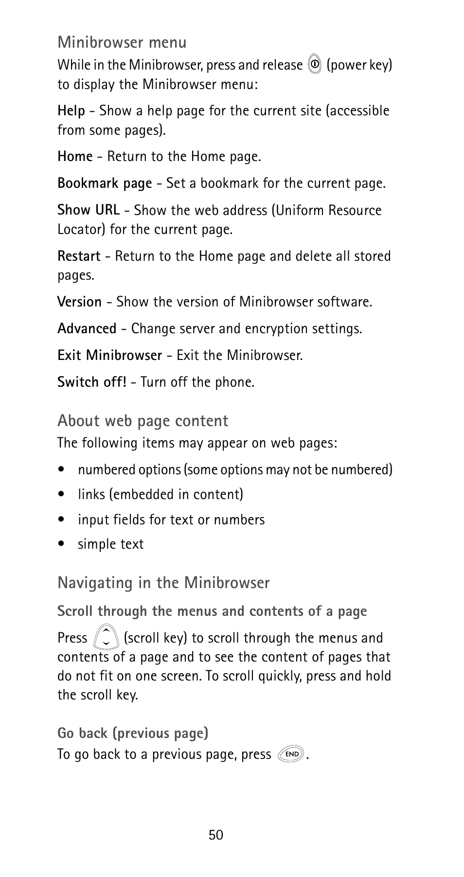 Minibrowser menu, About web page content, Navigating in the minibrowser | Nokia 6185i User Manual | Page 57 / 129