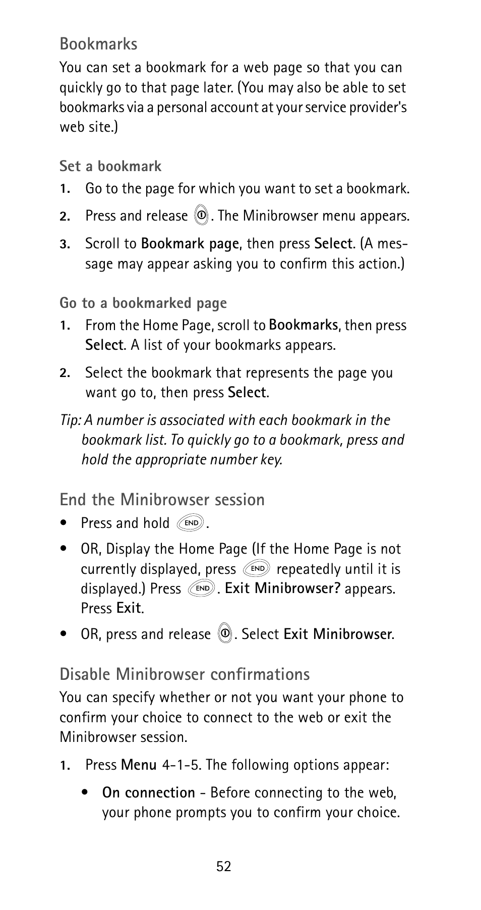 Bookmarks, End the minibrowser session, Disable minibrowser confirmations | Nokia 6185i User Manual | Page 59 / 129