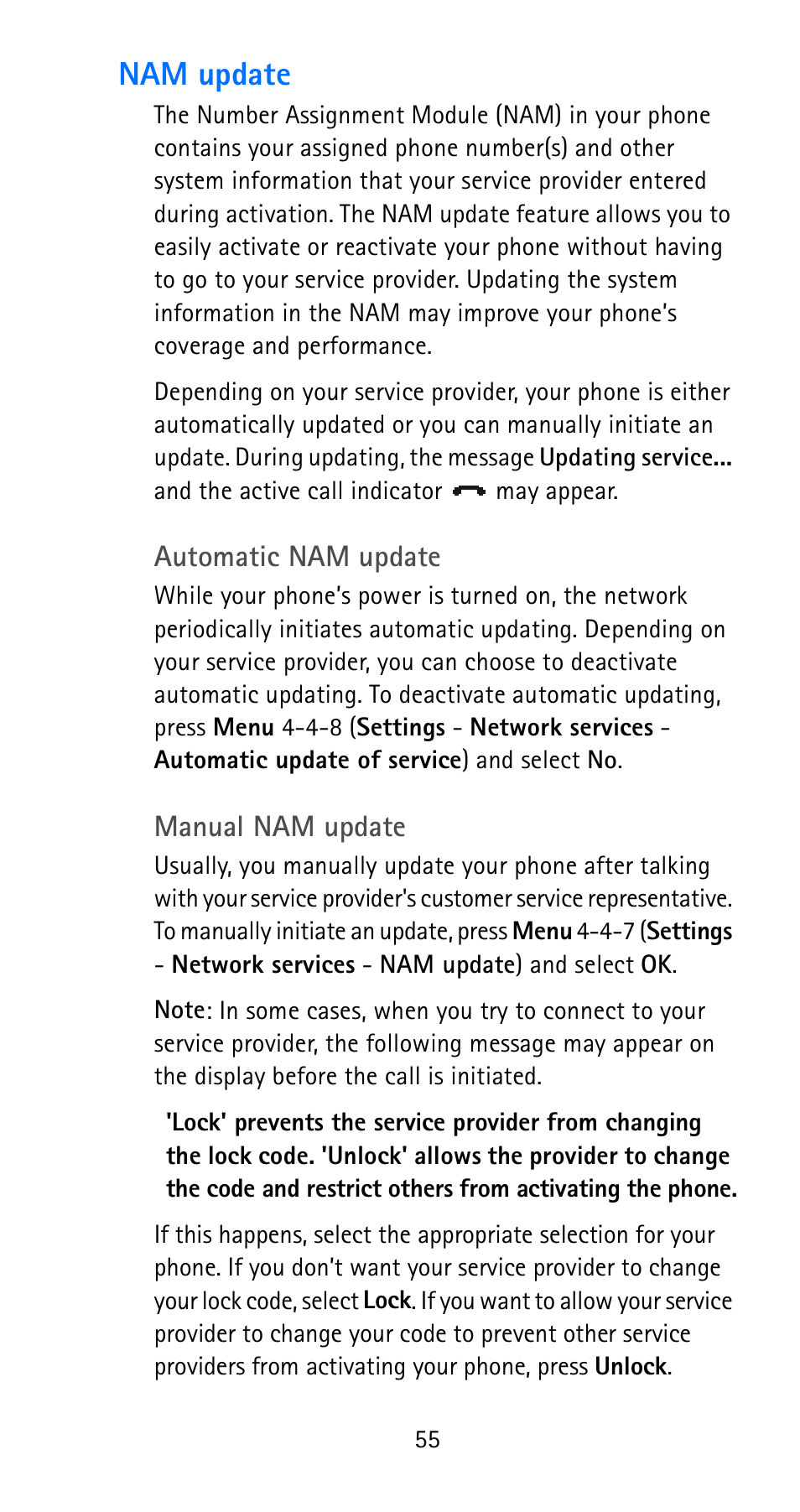 Nam update | Nokia 6185i User Manual | Page 62 / 129