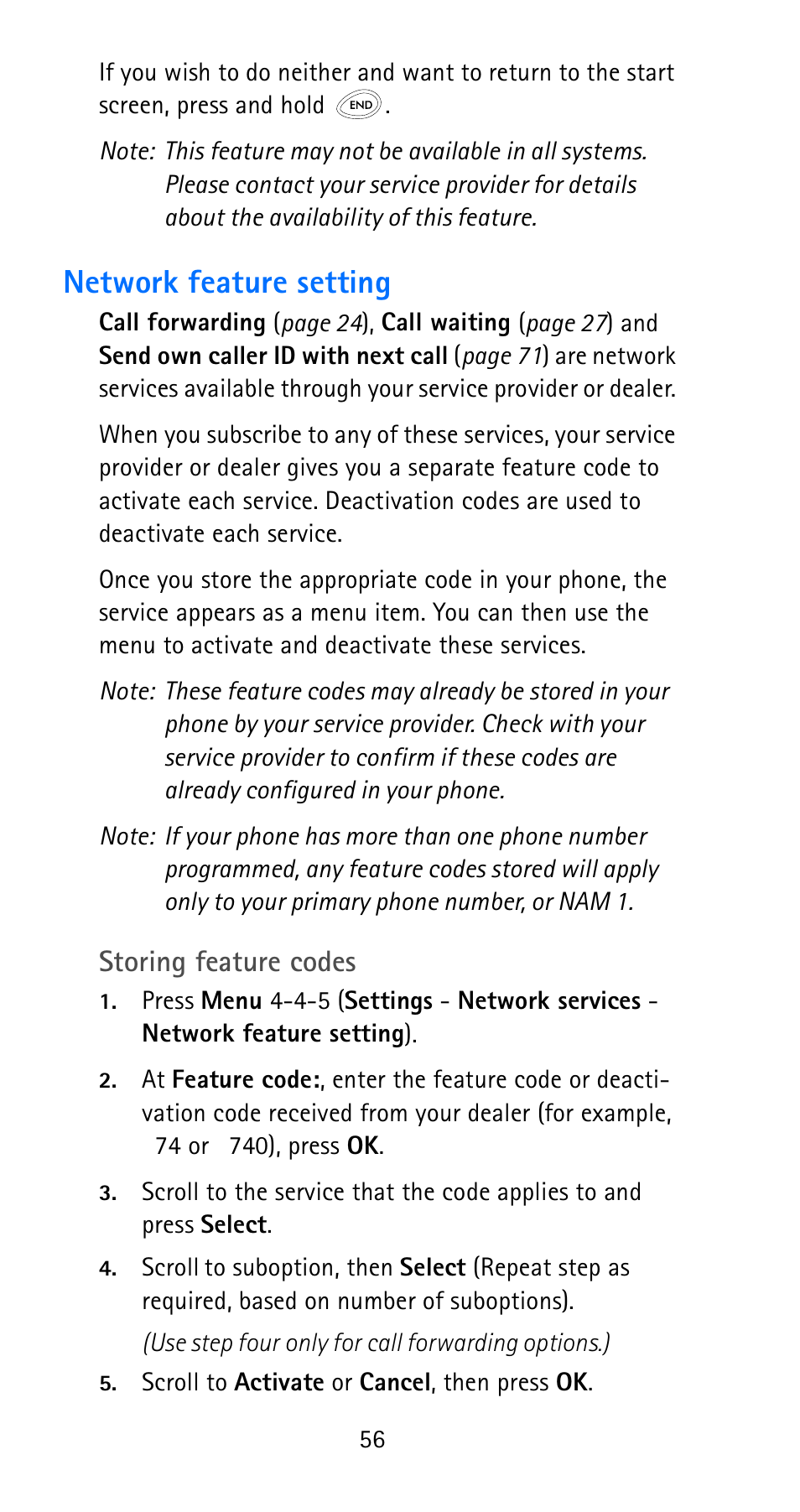 Network feature setting, Storing feature codes | Nokia 6185i User Manual | Page 63 / 129