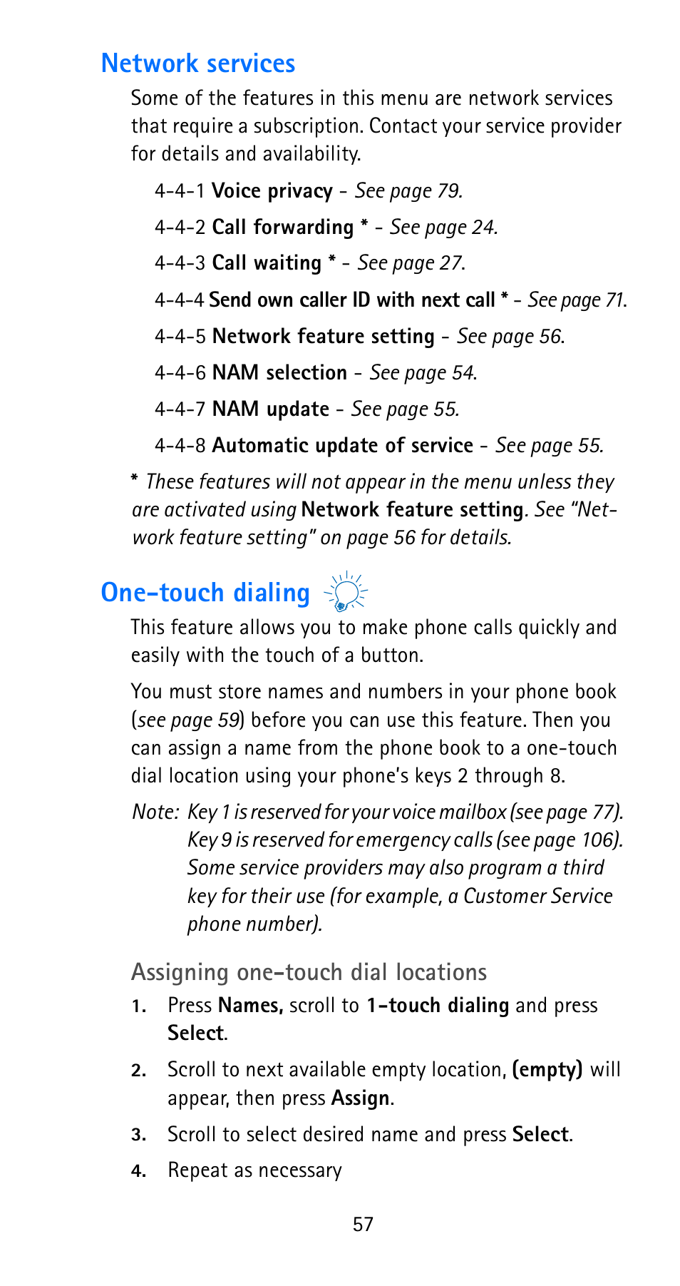 Network services, One-touch dialing, Network services one-touch dialing | Assigning one-touch dial locations | Nokia 6185i User Manual | Page 64 / 129