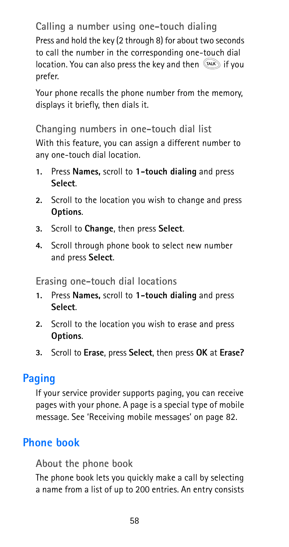 Paging, Phone book, Paging phone book | Ee “phone, Calling a number using one-touch dialing, Changing numbers in one-touch dial list, Erasing one-touch dial locations, About the phone book | Nokia 6185i User Manual | Page 65 / 129