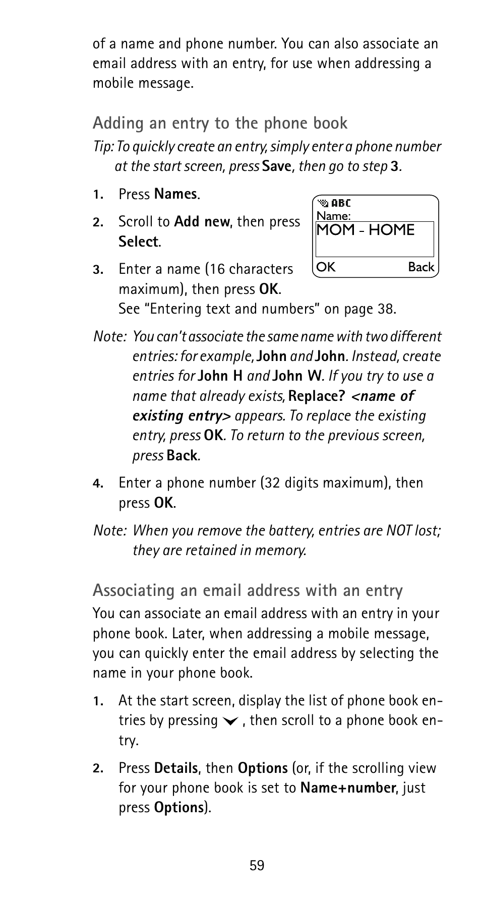 Adding an entry to the phone book, Associating an email address with an entry | Nokia 6185i User Manual | Page 66 / 129