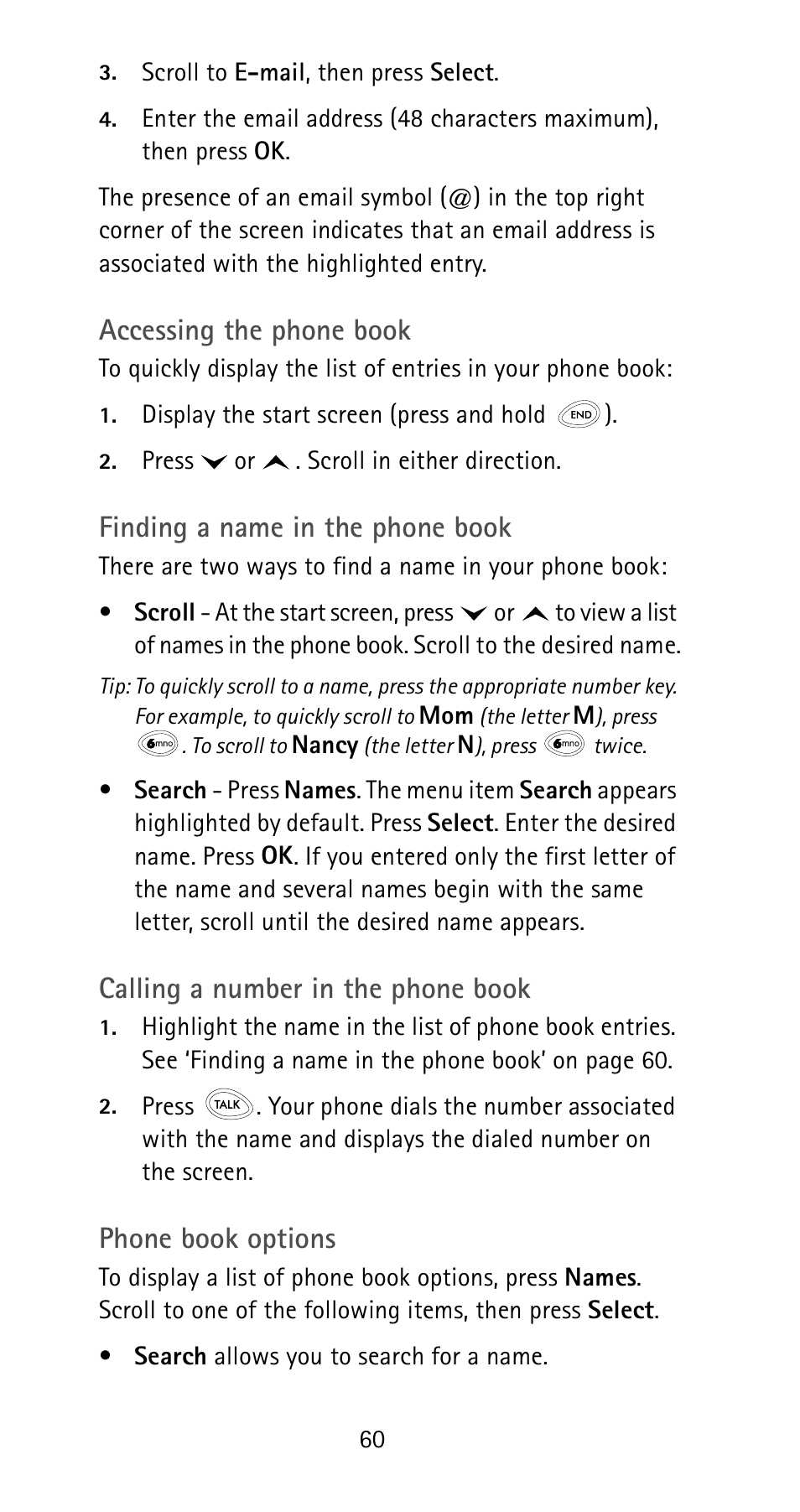 Accessing the phone book, Finding a name in the phone book, Calling a number in the phone book | Phone book options | Nokia 6185i User Manual | Page 67 / 129