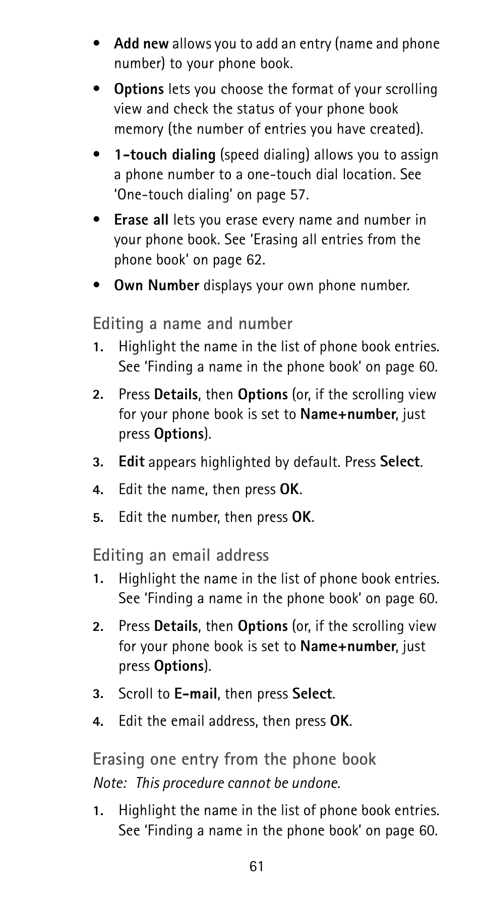 Editing a name and number, Editing an email address, Erasing one entry from the phone book | Nokia 6185i User Manual | Page 68 / 129