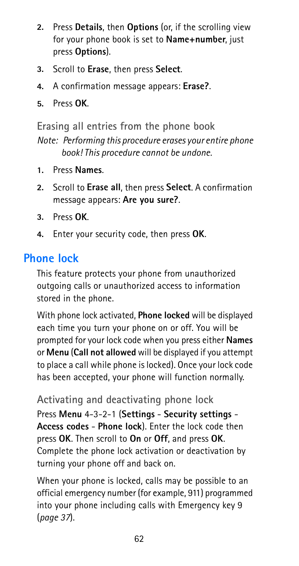 Phone lock, Erasing all entries from the phone book, Activating and deactivating phone lock | Nokia 6185i User Manual | Page 69 / 129