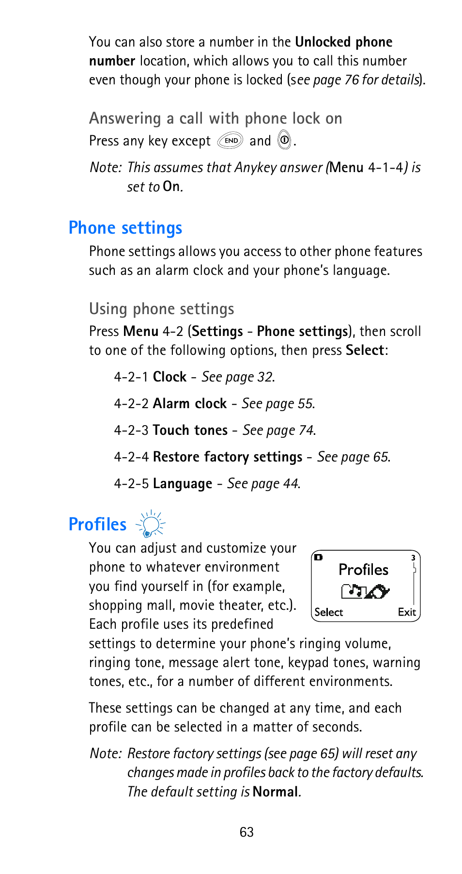 Phone settings, Profiles, Phone settings profiles | Nokia 6185i User Manual | Page 70 / 129