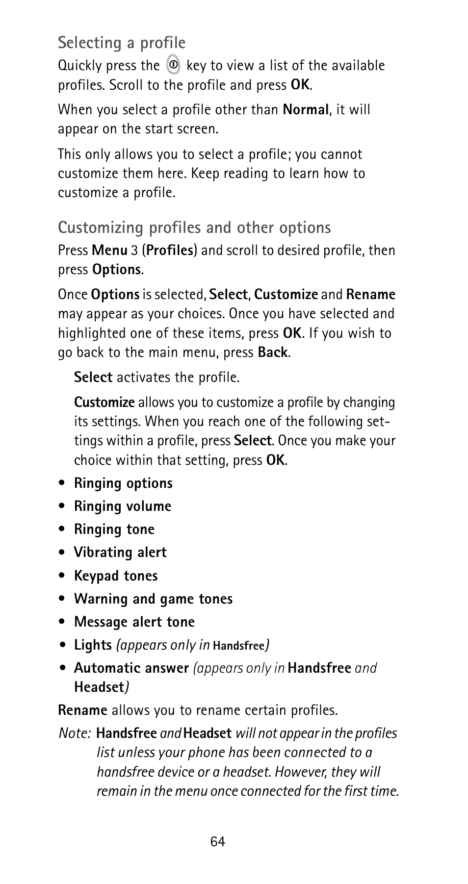 Selecting a profile, Customizing profiles and other options | Nokia 6185i User Manual | Page 71 / 129