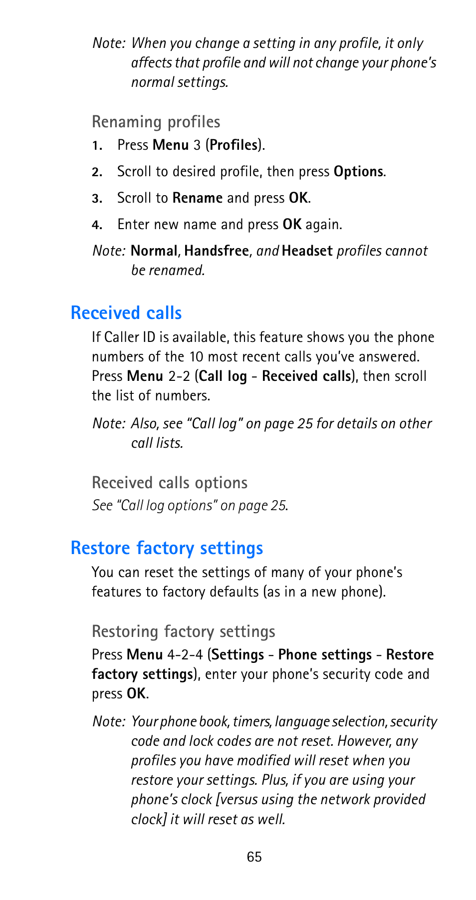Received calls, Restore factory settings, Received calls restore factory settings | Renaming profiles, Received calls options, Restoring factory settings | Nokia 6185i User Manual | Page 72 / 129