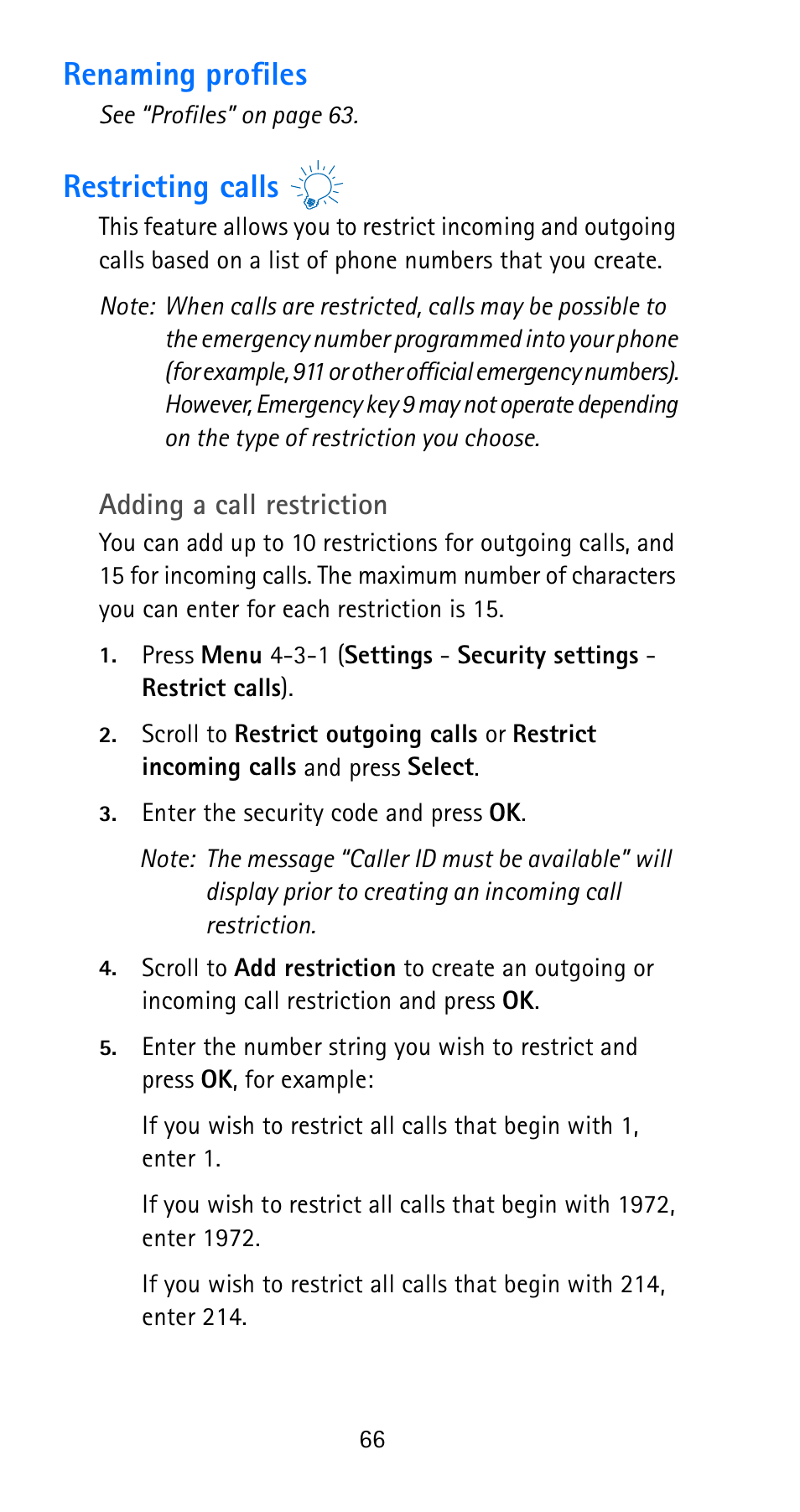 Renaming profiles, Restricting calls, Renaming profiles restricting calls | Adding a call restriction | Nokia 6185i User Manual | Page 73 / 129