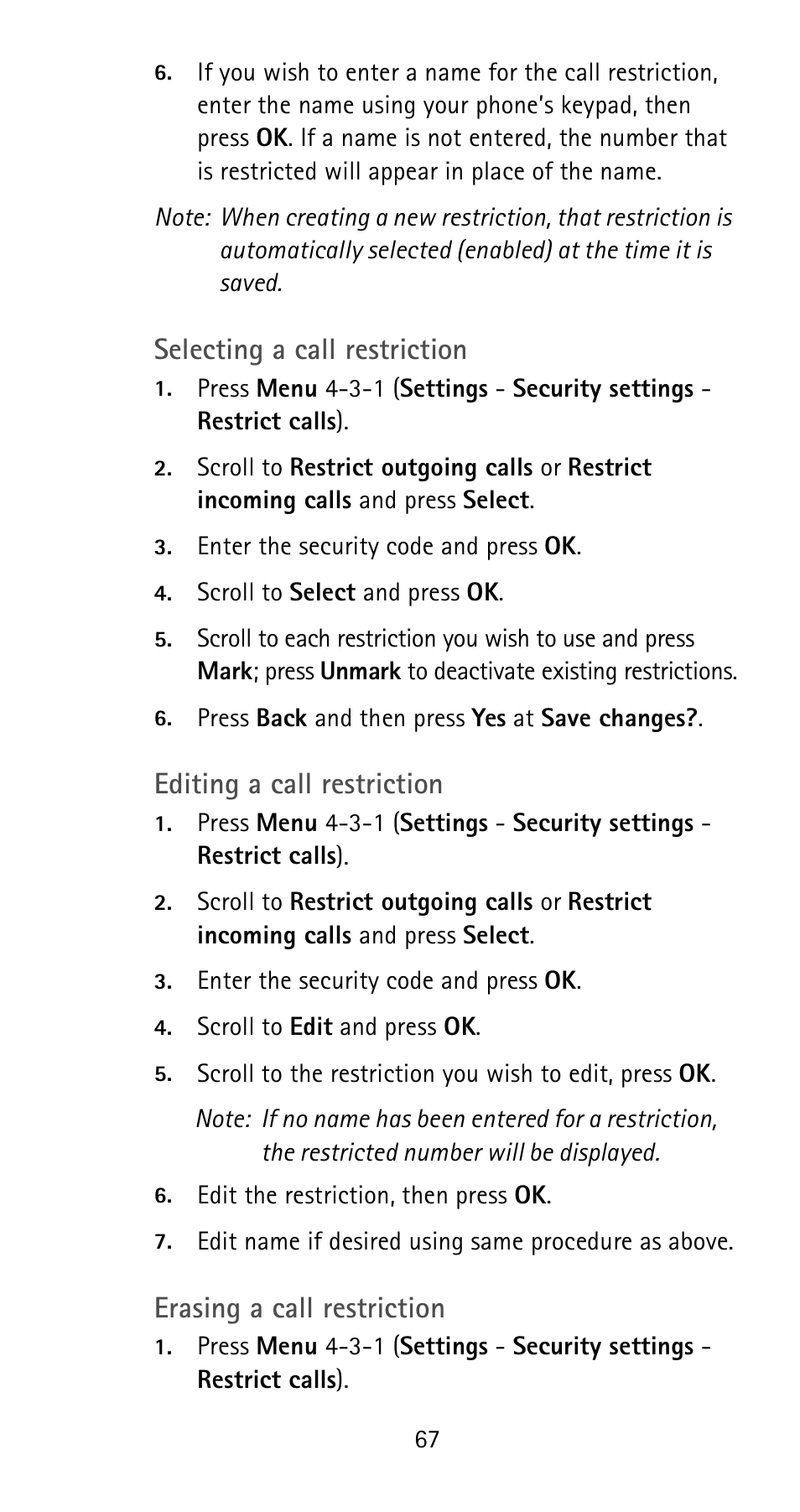 Selecting a call restriction, Editing a call restriction, Erasing a call restriction | Nokia 6185i User Manual | Page 74 / 129