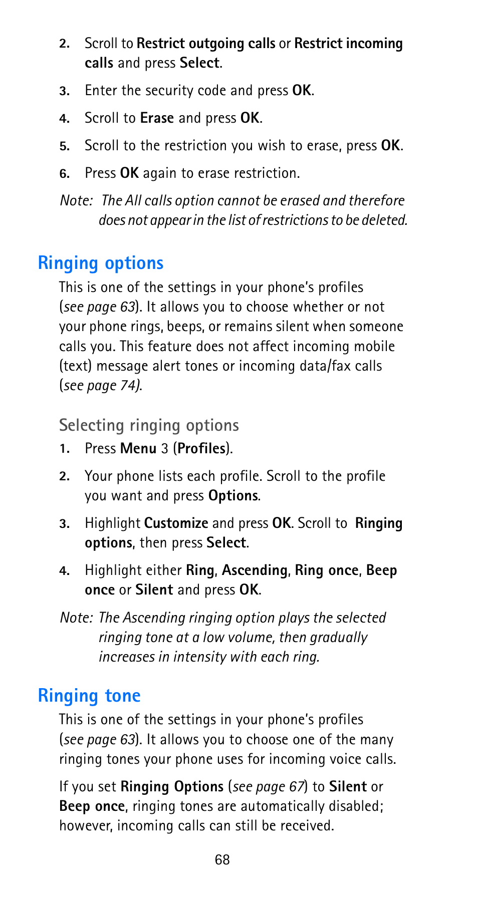 Ringing options, Ringing tone, Ringing options ringing tone | Selecting ringing options | Nokia 6185i User Manual | Page 75 / 129