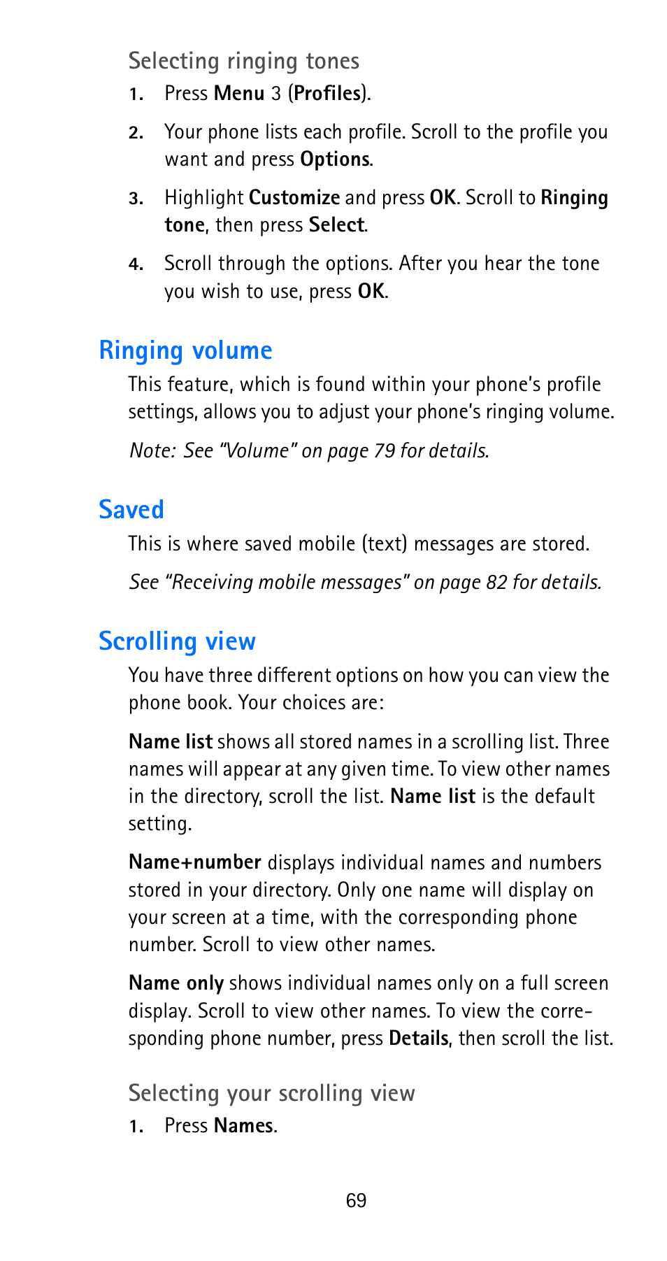 Ringing volume, Saved, Scrolling view | Ringing volume saved scrolling view, Selecting ringing tones, Selecting your scrolling view | Nokia 6185i User Manual | Page 76 / 129