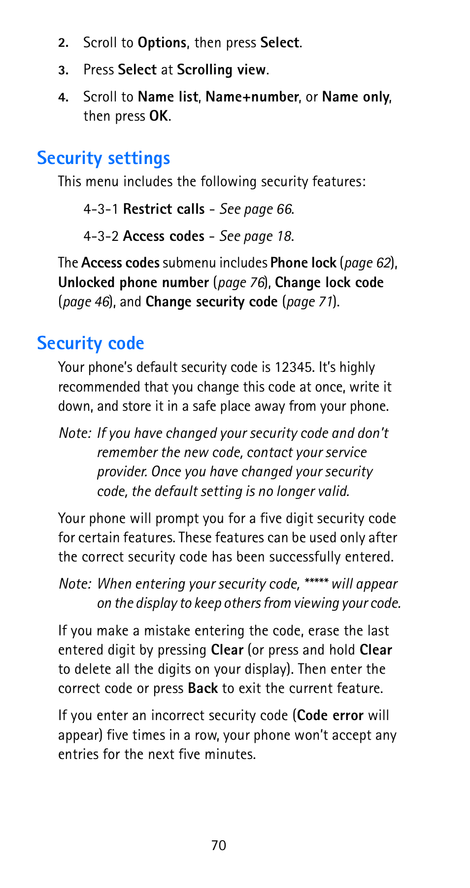 Security settings, Security code, Security settings security code | Nokia 6185i User Manual | Page 77 / 129