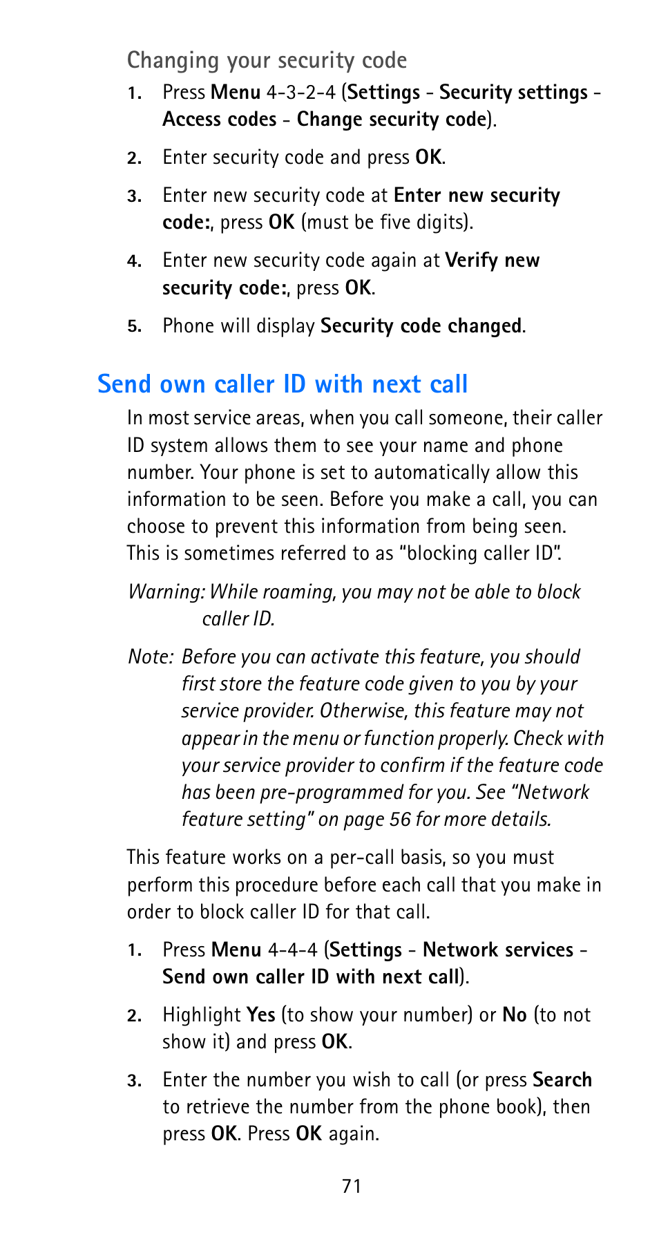 Send own caller id with next call, Changing your security code | Nokia 6185i User Manual | Page 78 / 129