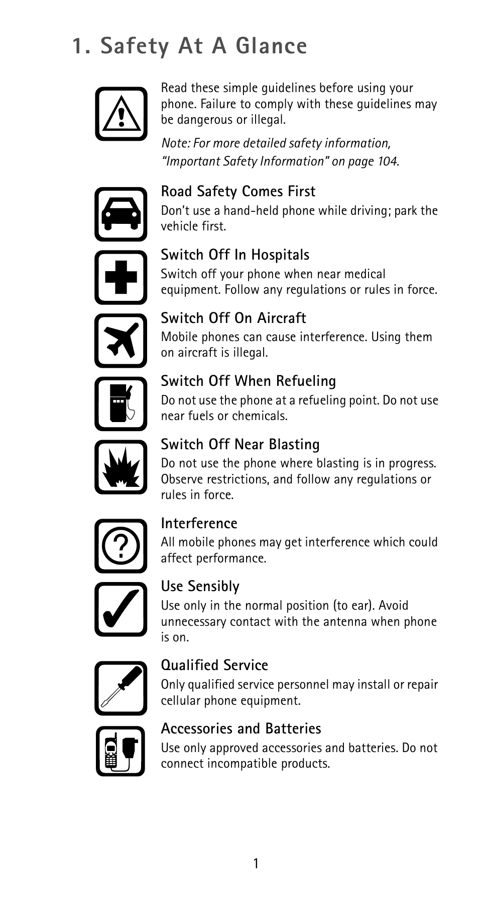 Safety at a glance | Nokia 6185i User Manual | Page 8 / 129