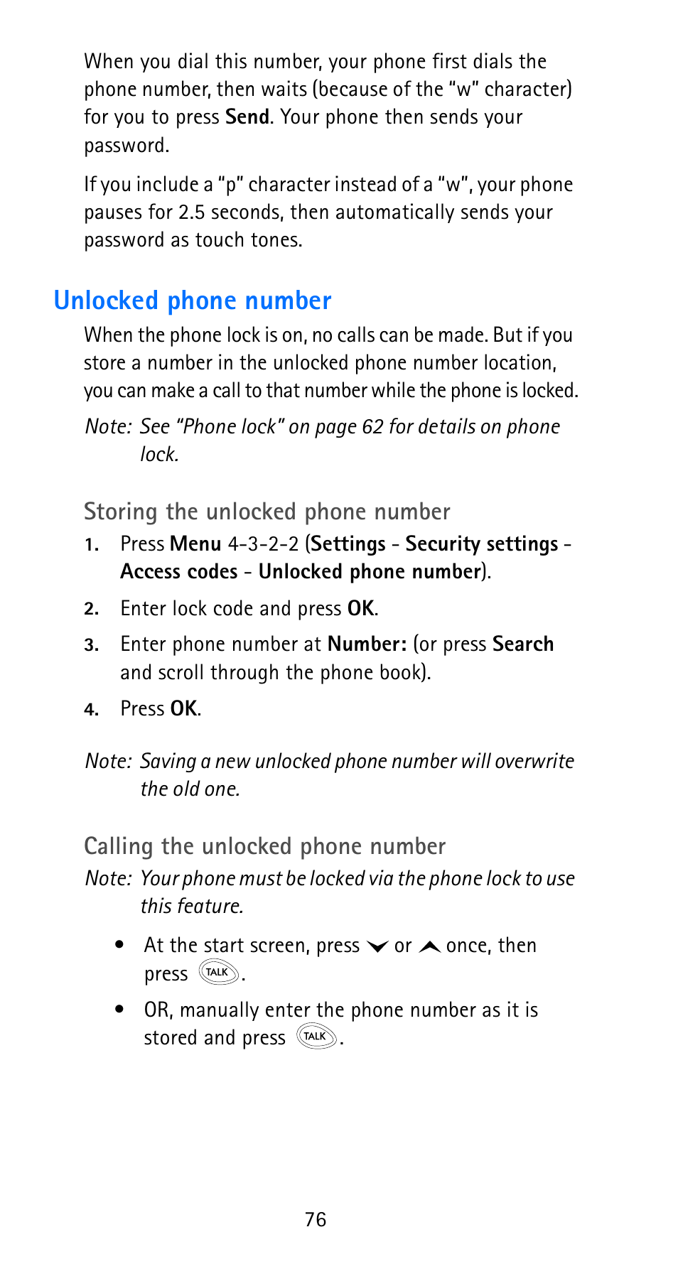Unlocked phone number, Storing the unlocked phone number, Calling the unlocked phone number | Nokia 6185i User Manual | Page 83 / 129