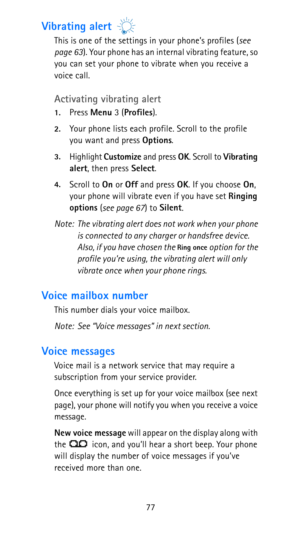 Vibrating alert, Voice mailbox number, Voice messages | Activating vibrating alert | Nokia 6185i User Manual | Page 84 / 129