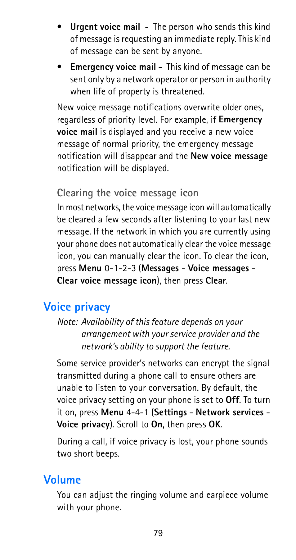 Voice privacy, Volume, Voice privacy volume | Nokia 6185i User Manual | Page 86 / 129