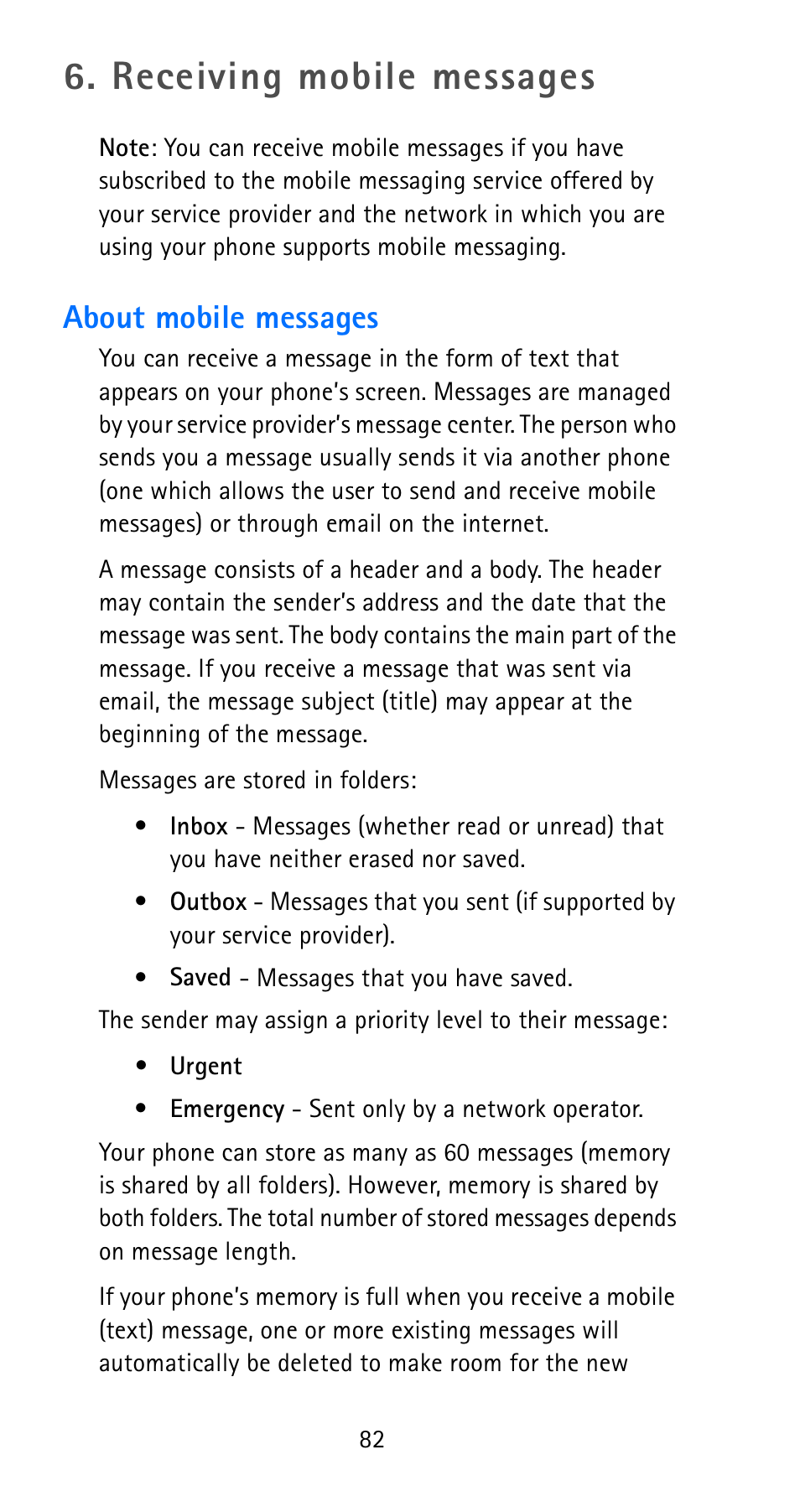 Receiving mobile messages, About mobile messages | Nokia 6185i User Manual | Page 89 / 129