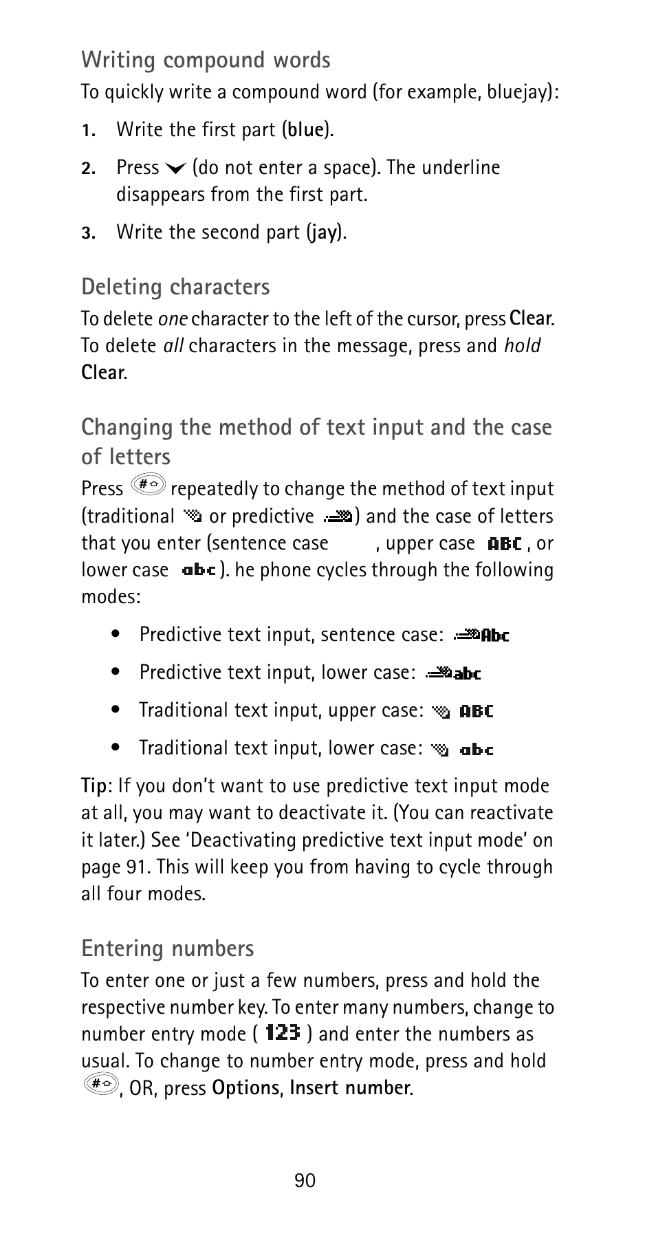 Writing compound words, Deleting characters, Entering numbers | Nokia 6185i User Manual | Page 97 / 129