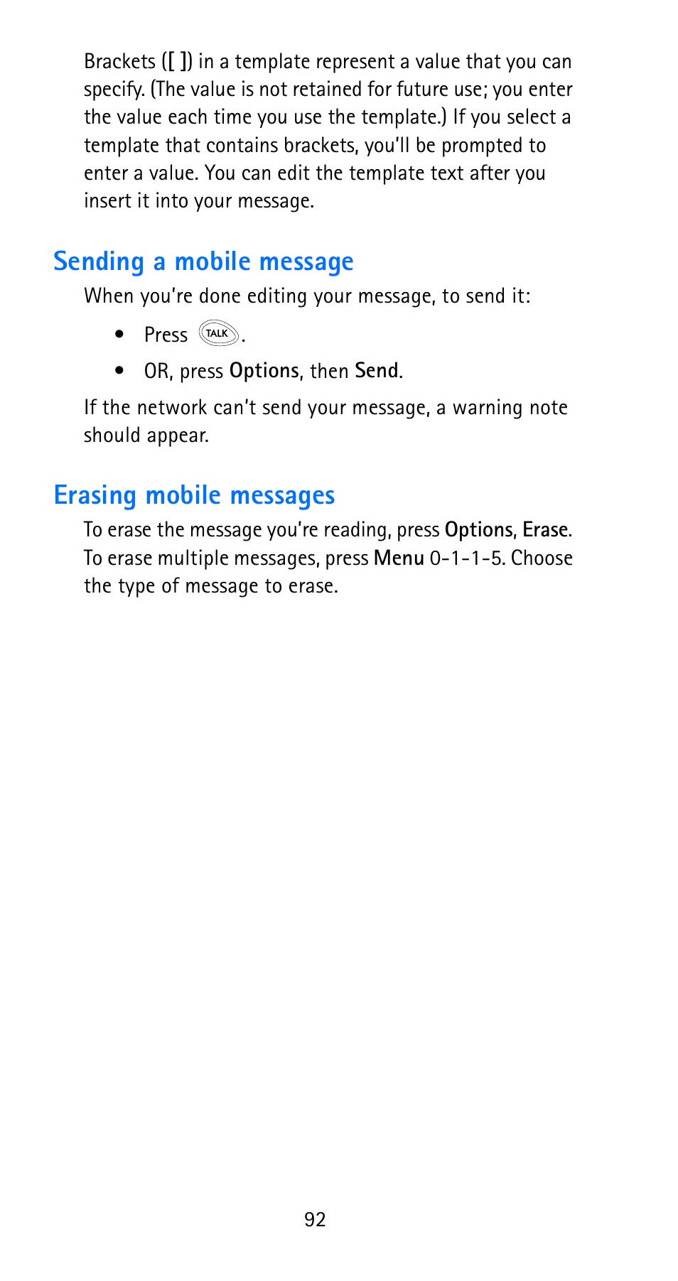 Sending a mobile message, Erasing mobile messages, Sending a mobile message erasing mobile messages | Nokia 6185i User Manual | Page 99 / 129