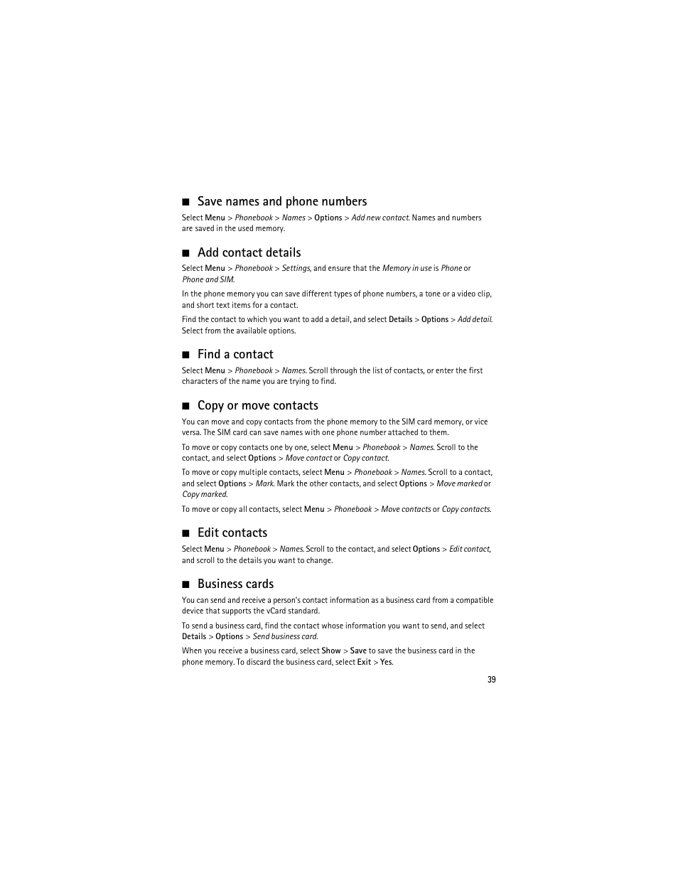 Save names and phone numbers, Add contact details, Find a contact | Copy or move contacts, Edit contacts, Business cards | Nokia 5610 XpressMusic User Manual | Page 40 / 121