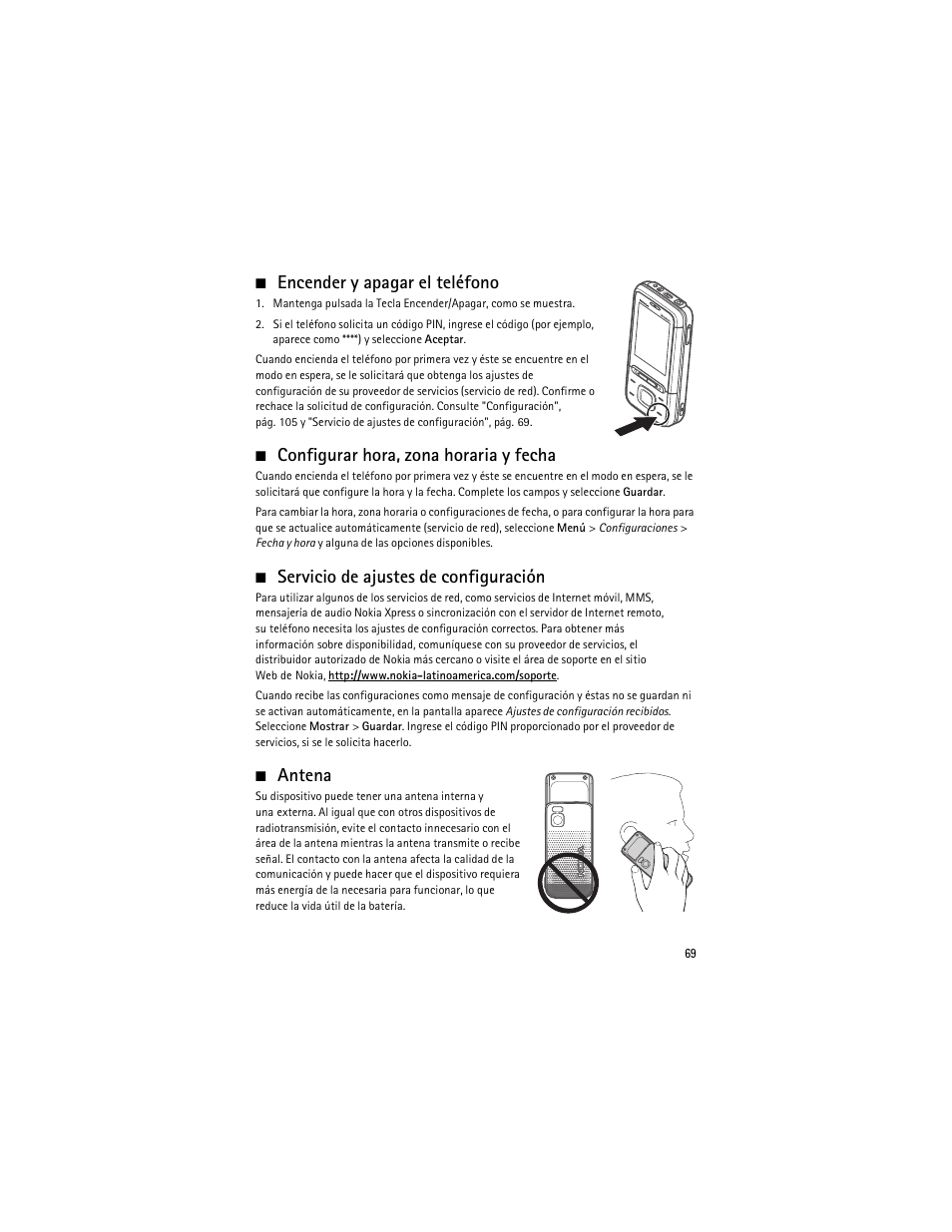 Encender y apagar el teléfono, Configurar hora, zona horaria y fecha, Servicio de ajustes de configuración | Antena | Nokia 5610 XpressMusic User Manual | Page 70 / 121